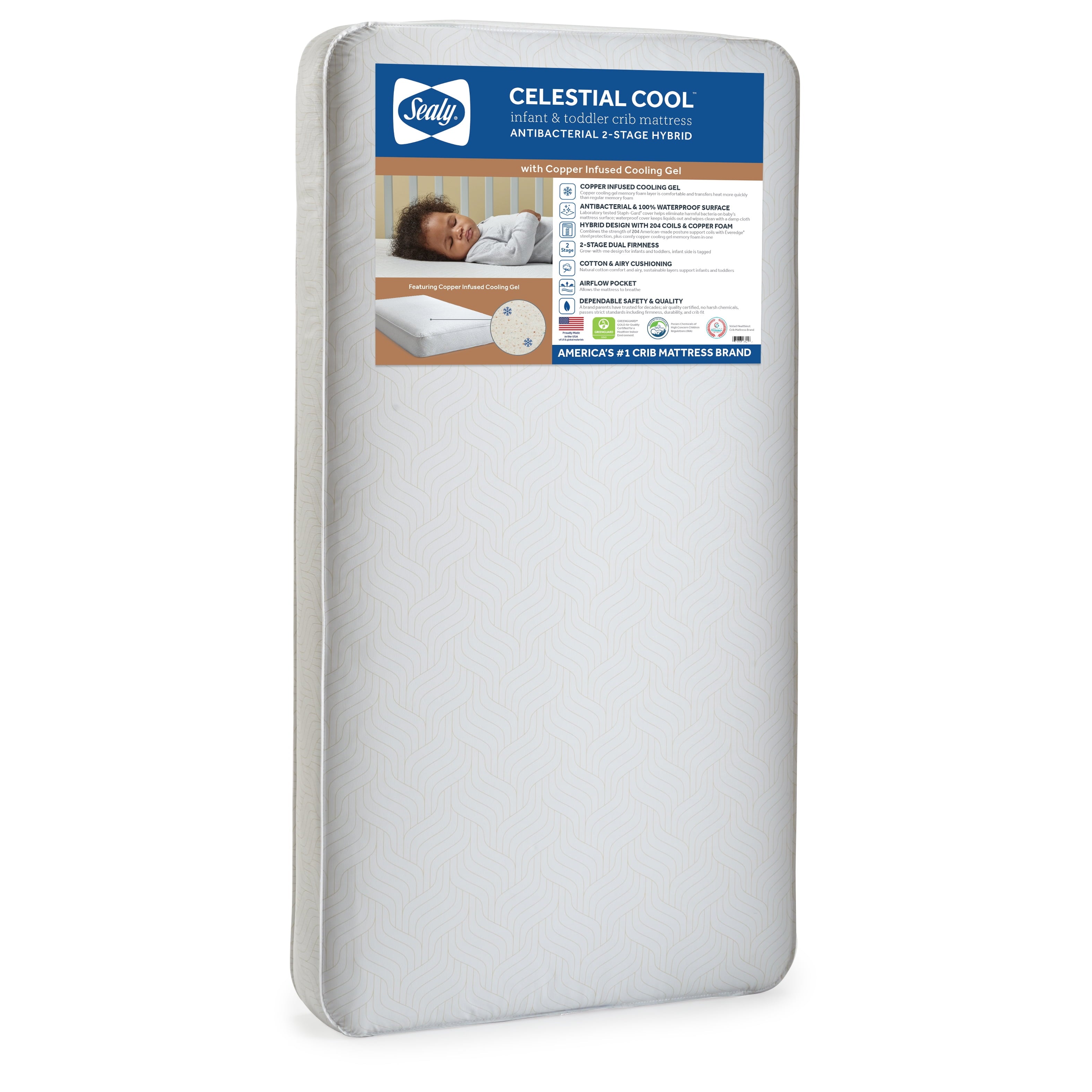 Celestial Cool Ultra-Premium 2-Stage Hybrid Antibacterial Crib & Toddler Mattress. Cool Copper Gel