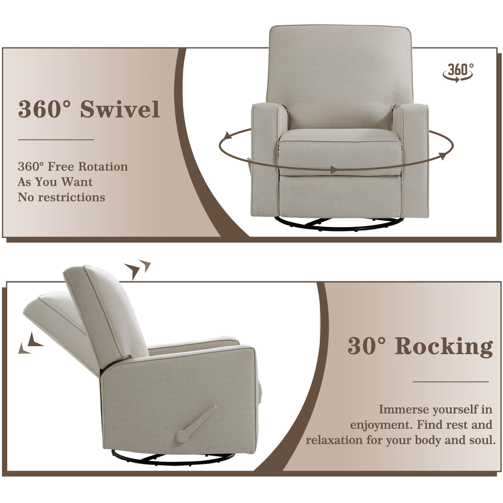 Fauteuil inclinable manuel à bascule pivotant pour chambre d'enfant, en tissu