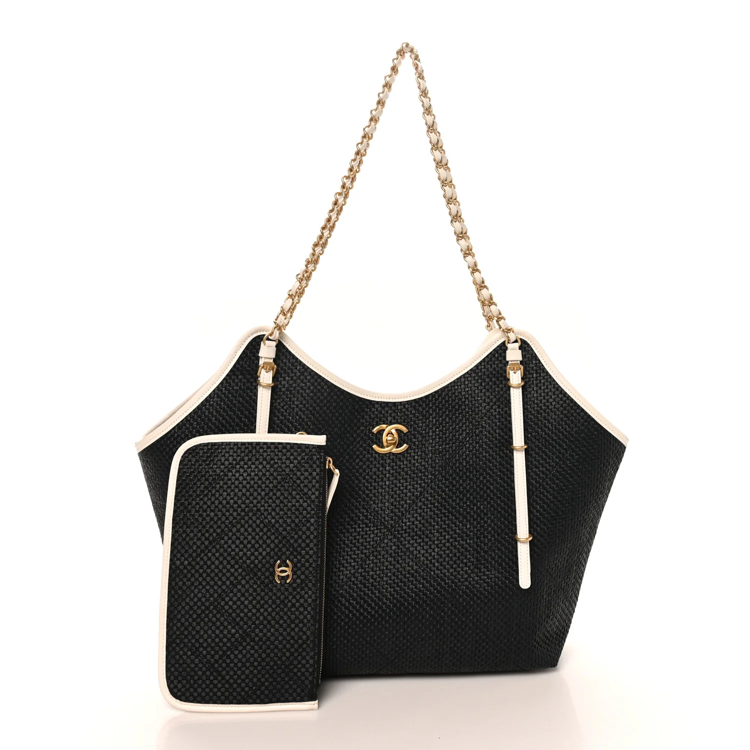 Calfskin Raffia Braided Small Shopping Tote Black White