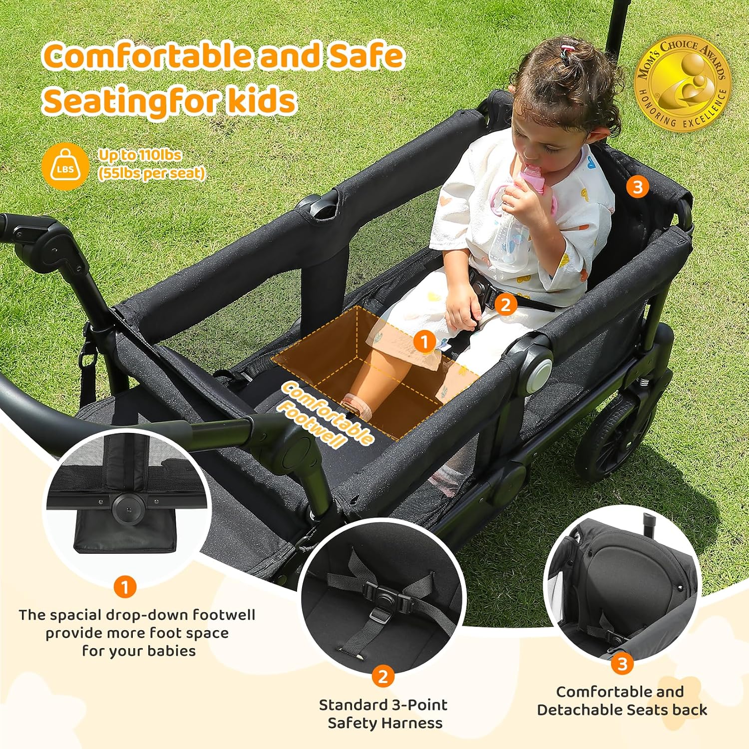 ELEMARA Stroller Wagon, 2 Seat Stroller for 2 Kids, Premium All Terrain Stroller for Kids with Removable Canopy, Adjustable Push/Pull Handle, Large Storage Bag, Black