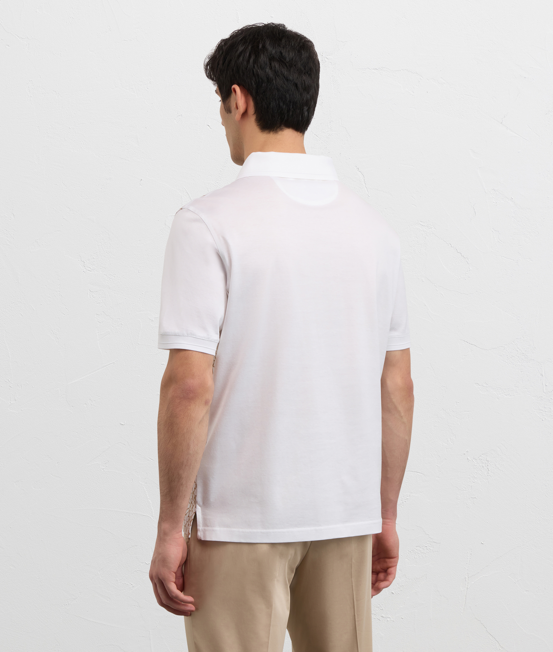 WHITE COTTON JERSEY POLO SHIRT WITH V NECK AND JACQUARD FRONT