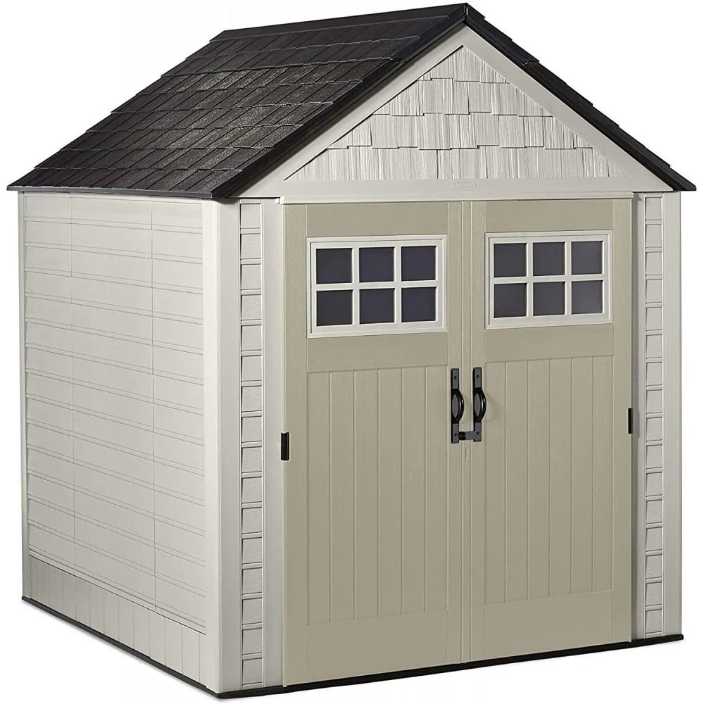 7×7 Ft Durable Weather Resistant Resin Outdoor Garden Storage Shed with Windows and Utility Hooks. Sand