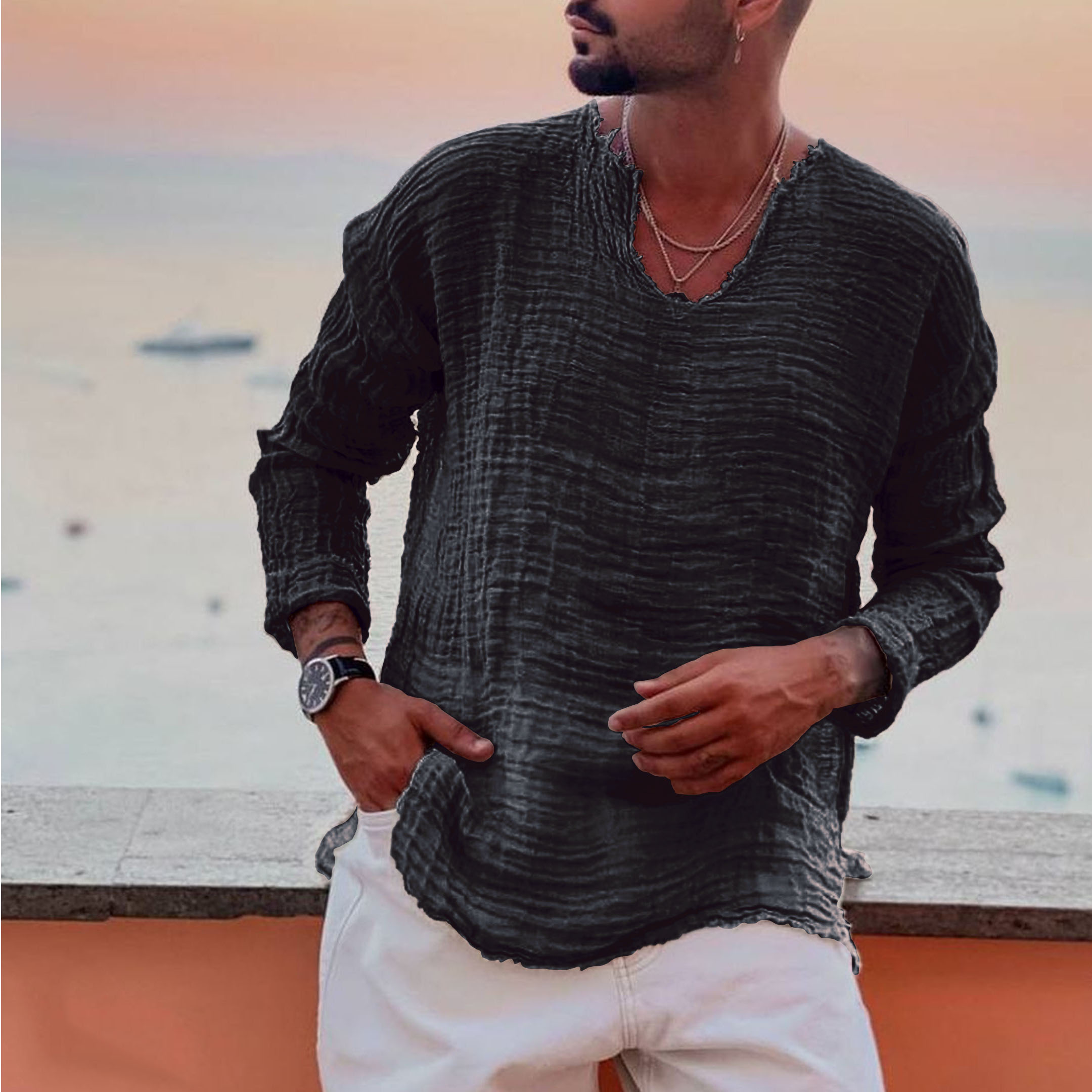 Chemise simple à manches longues en lin pour homme