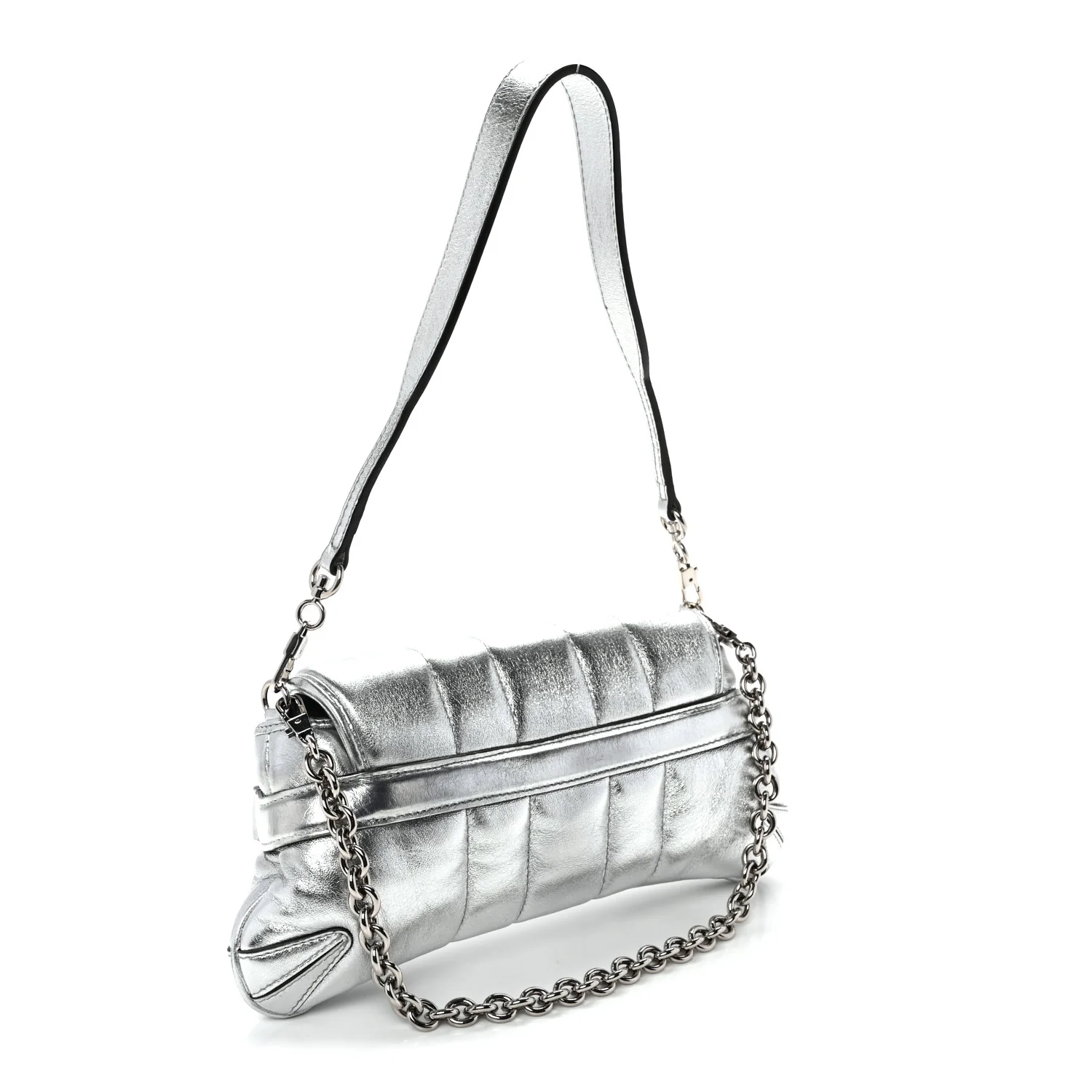Metallic Nappa Vertical Matelasse Small Maxi Horsebit Chain Shoulder Bag Silver