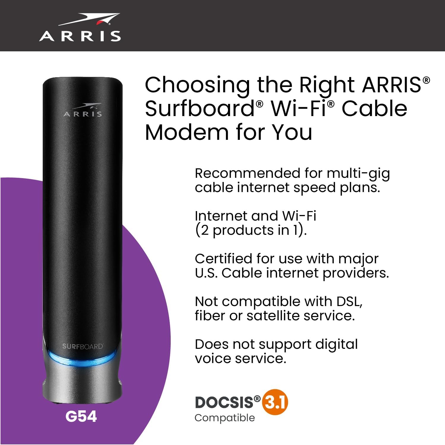 ARRIS (G54) - Cable Modem Router Combo - Fast DOCSIS 3.1 Multi-Gigabit & BE 18000 WiFi 7 Comcast Xfinity  Cox  Spectrum Quad-Band 1  Up to 18 Gbps Max Speed