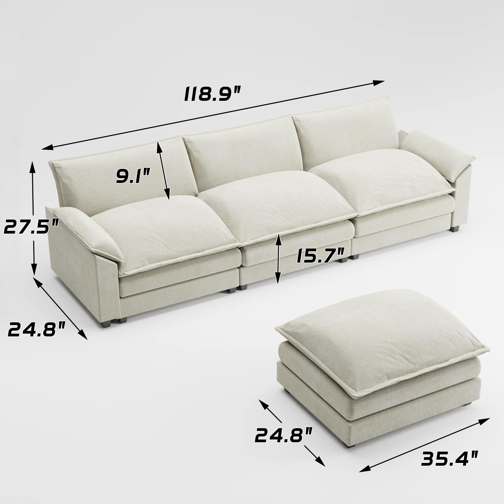 Sectional Sofa 3-seat L-shaped Sofa with reversible toffee chair Movable Footrest Sofa,Gray(Gray) - Image 8