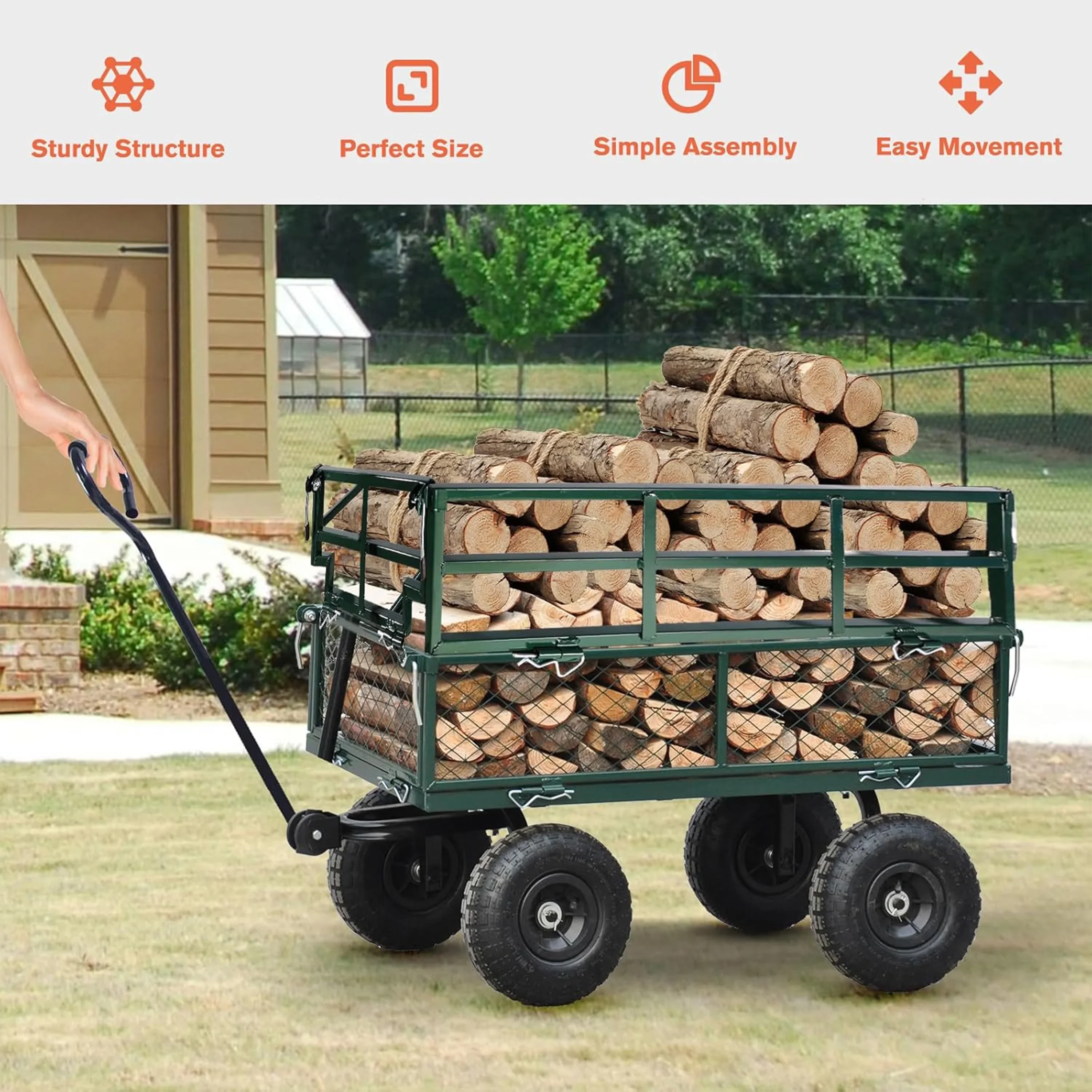 Furnibear Heavy Duty Steel Garden Cart 1500lbs Capacity, 6.35 cu ft, 40.55 x 27.56 Folding Utility Wagon with Double-Layer Removable Side, Black