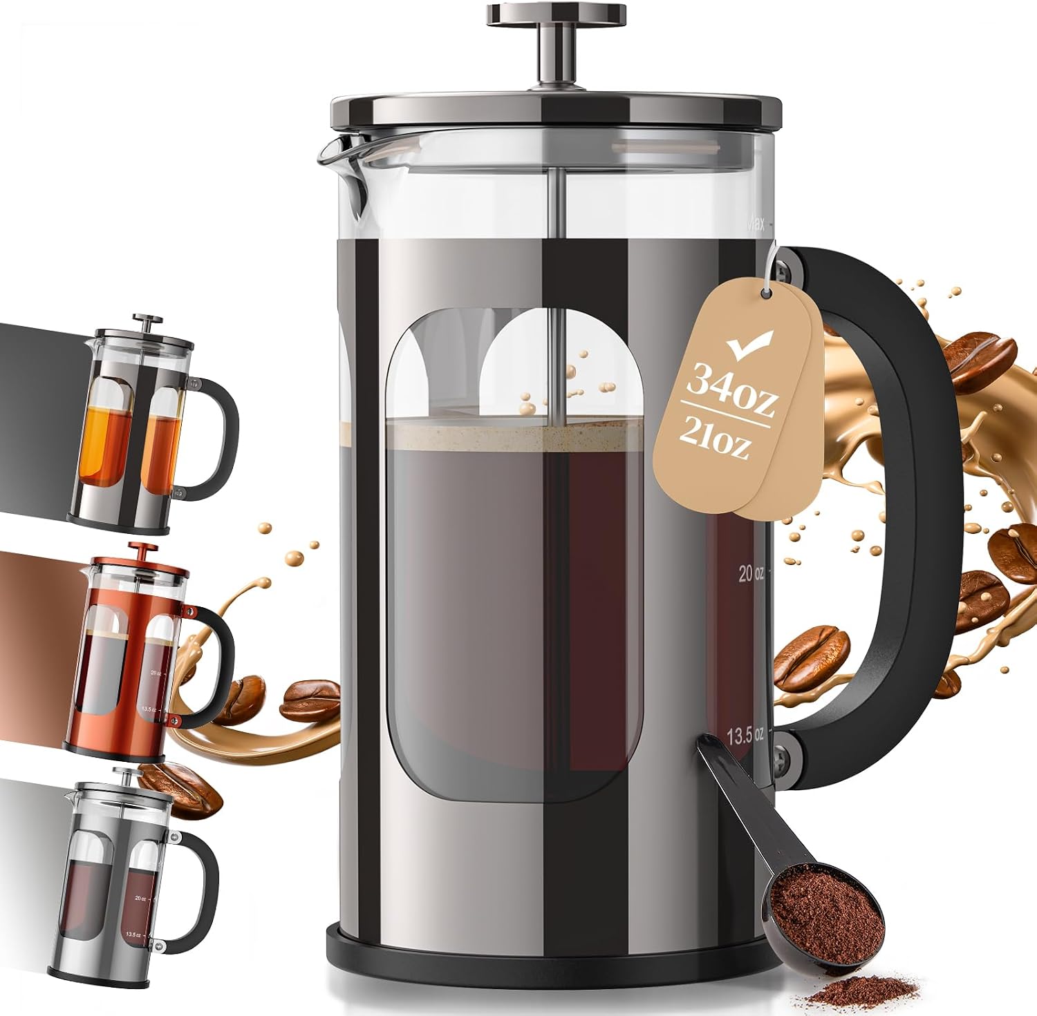 Veken French Press Coffee Maker, No Plastic Touching Cafe, 34oz 1 L Coffee Maker| Thickened Glass Stainless Steel Brewer, Cold Brew Pot for Kitchen, Travel, Camping, Tea, Gifts, Bar Accessories, Decor, Dark Pewter