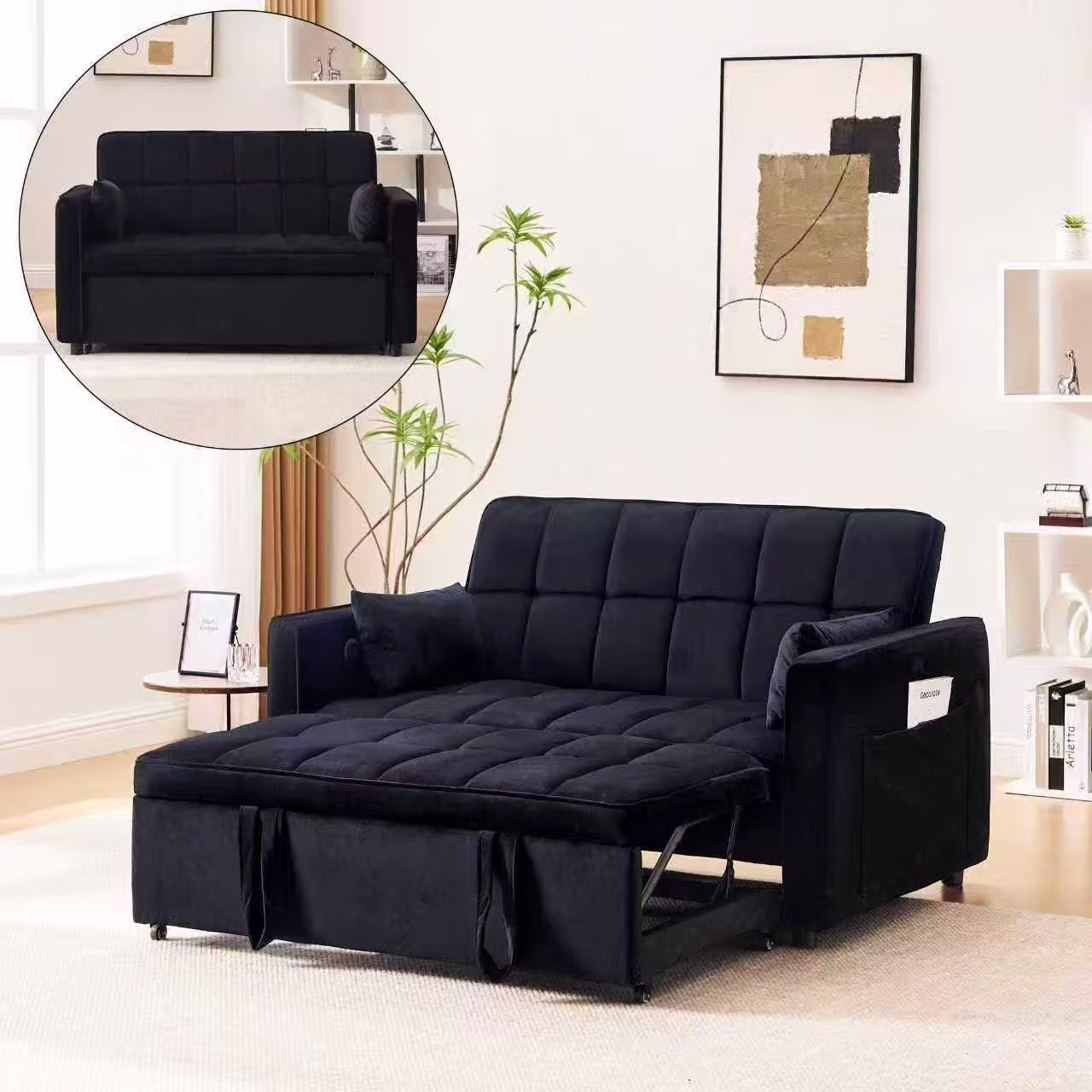 3-in-1 Convertible Sofa Bed �C USB Charging, Adjustable Backrest Pull-Out Couch Loveseat Sleeper for Living Room, Apartment Small Space,Black(Black-USB Charging Port)