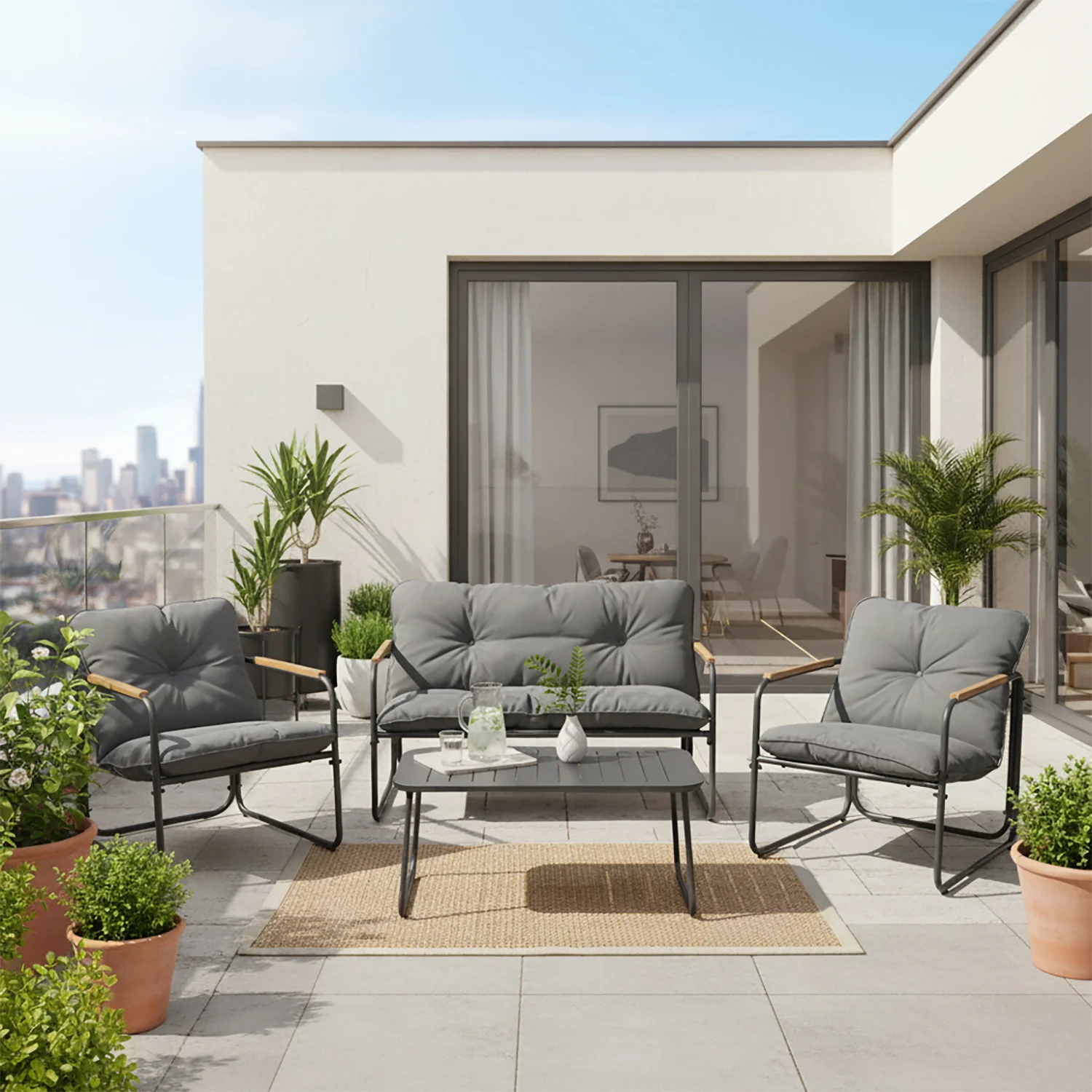VESTIAMO CASA GIARDINO - Set da giardino 4 pezzi Struttura in Acciaio Antracite, braccioli in Polywood e Top in vetro e Cuscini Antracite inclusi