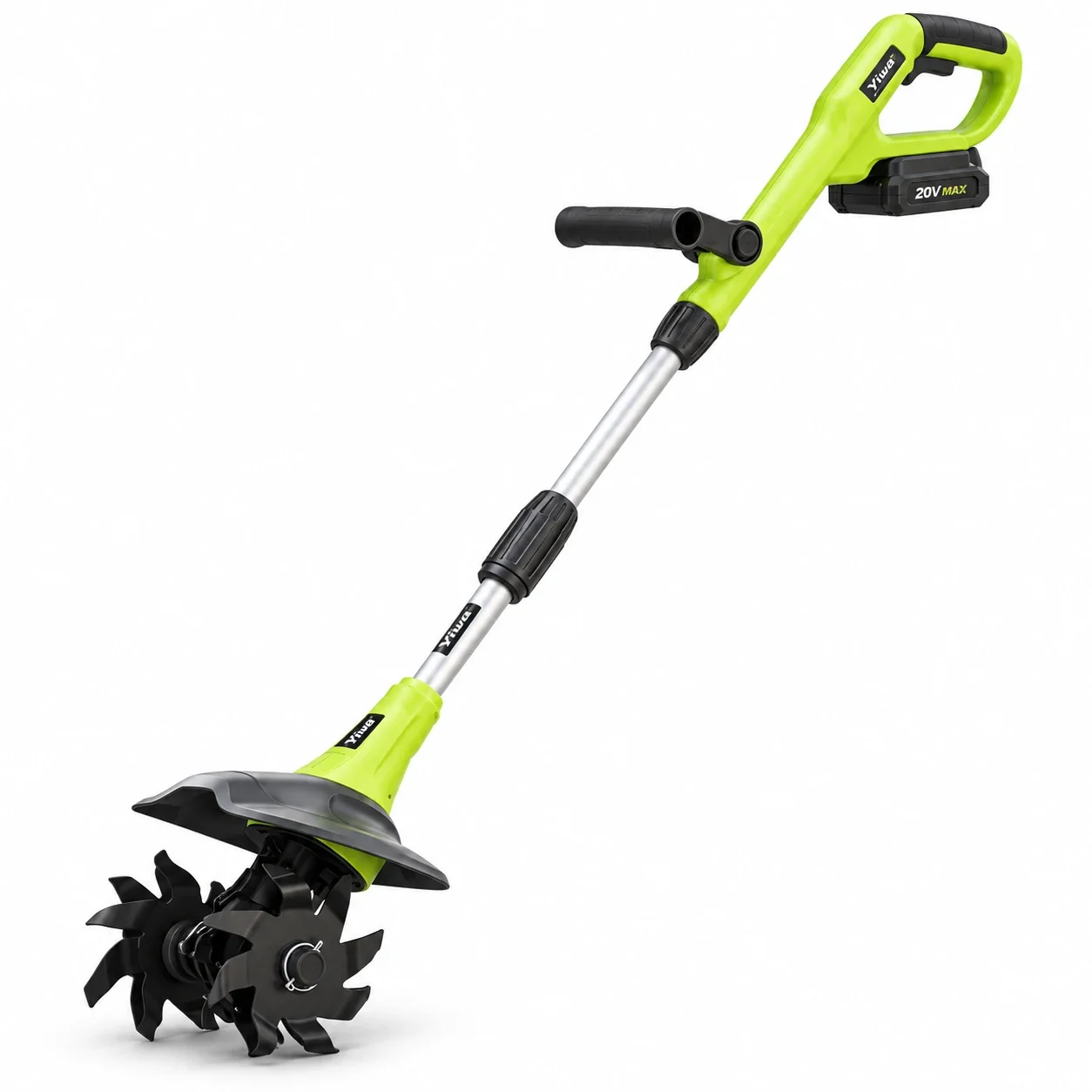 Yiwa 20V Cordless Garden Tiller, 9-Inch Width, 4 Steel Tines, 360 RPM, with Two 2.0Ah Batteries and Charger