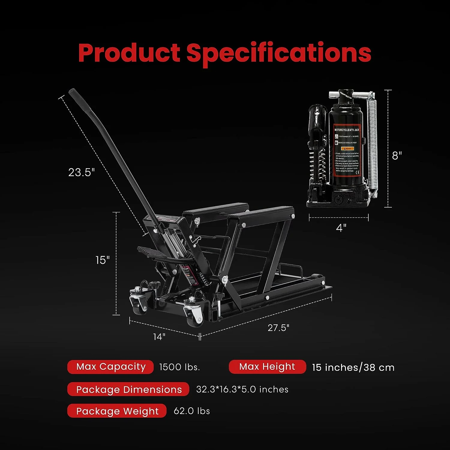 Steel Hydraulic Motorcycle ATV Lift Jack Hoist Stand 1500 lbs, Black(Black) Image 6