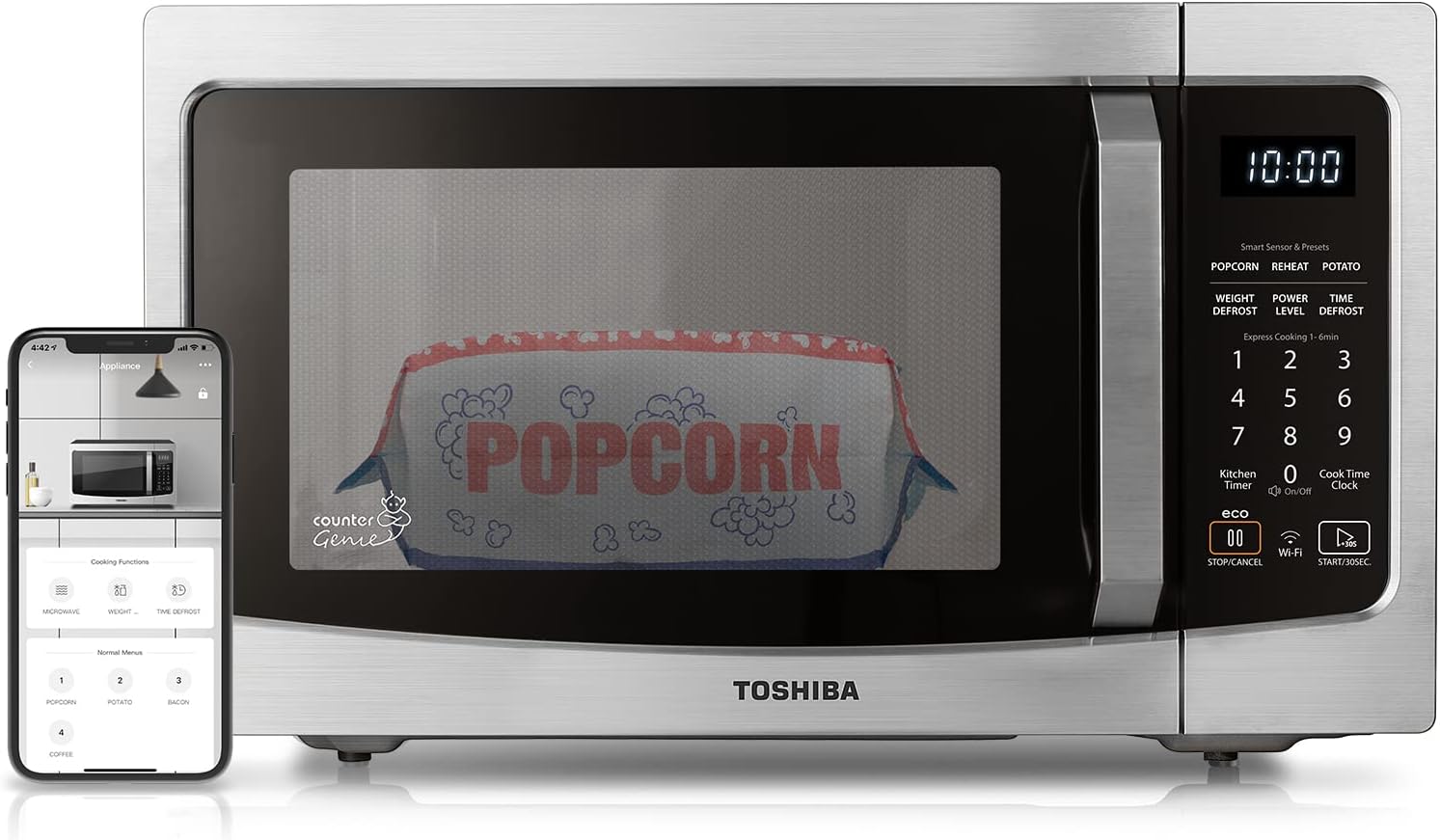 Four à micro-ondes de comptoir TOSHIBA 4-en-1 ML-EC42P(SS), capteur intelligent, convection, friteuse à air chaud, fonction silencieuse, mémoire de position, plateau tournant de 34,5 cm, 42,5 litres, 1000 W, argent