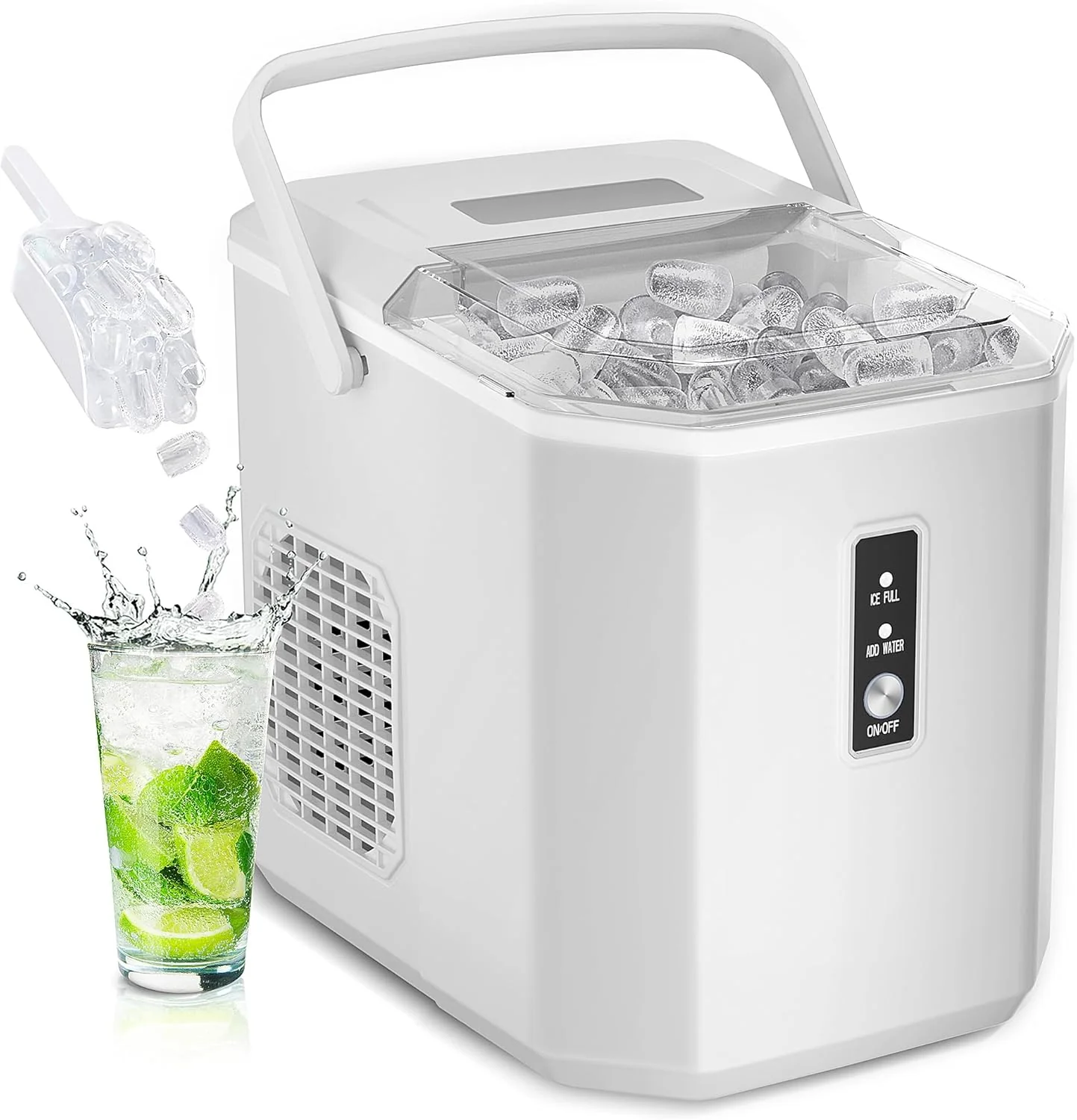Machine à glaçons de comptoir EUHOMY LunaArc Crescent, 16 glaçons prêts en 12 minutes, 1600 glaçons/jour, nettoyage automatique en profondeur, minuterie, épaisseur de glace réglable, machine à glaçons portable pour whisky/café/boissons gazeuses