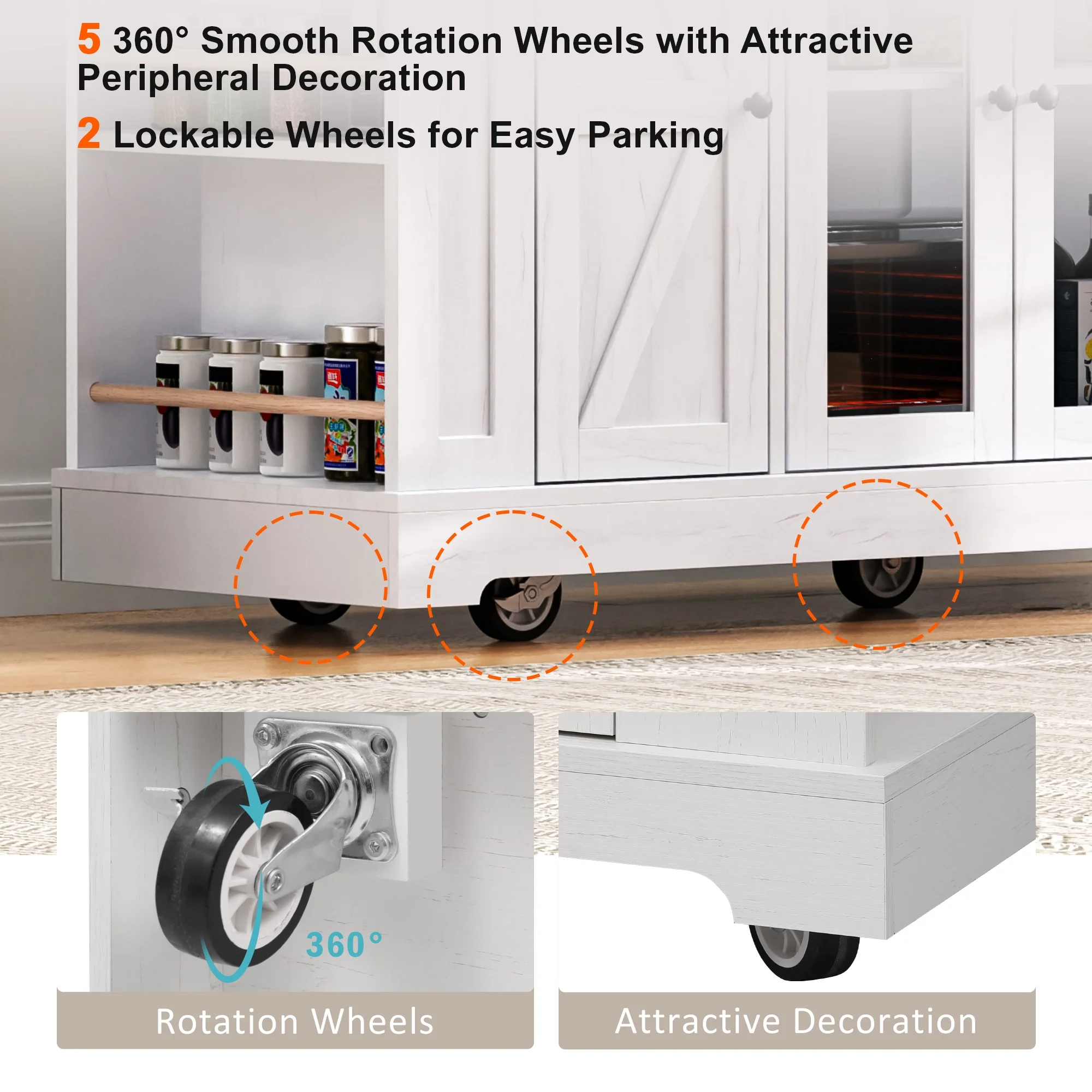 53'' Farmhouse Kitchen Island with Two Tempered Glass Cabinet Doors��Rolling Kitchen Cart on Wheels(White) - Image 9