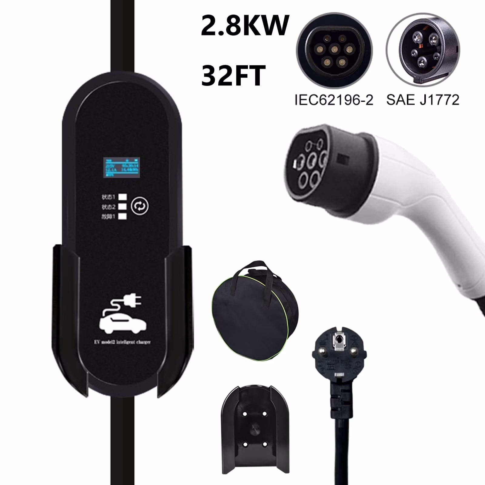 Portable EV Charger, 16A 2 8KW EVSE Charging Cable, Level 2 Electric Vehicle Charging with 16 4ft Cable Type2 IEC62196 2 Type1 J1772 Plug Controller Wallbox(Type A: 2 8KW 16 4ft) Image 3