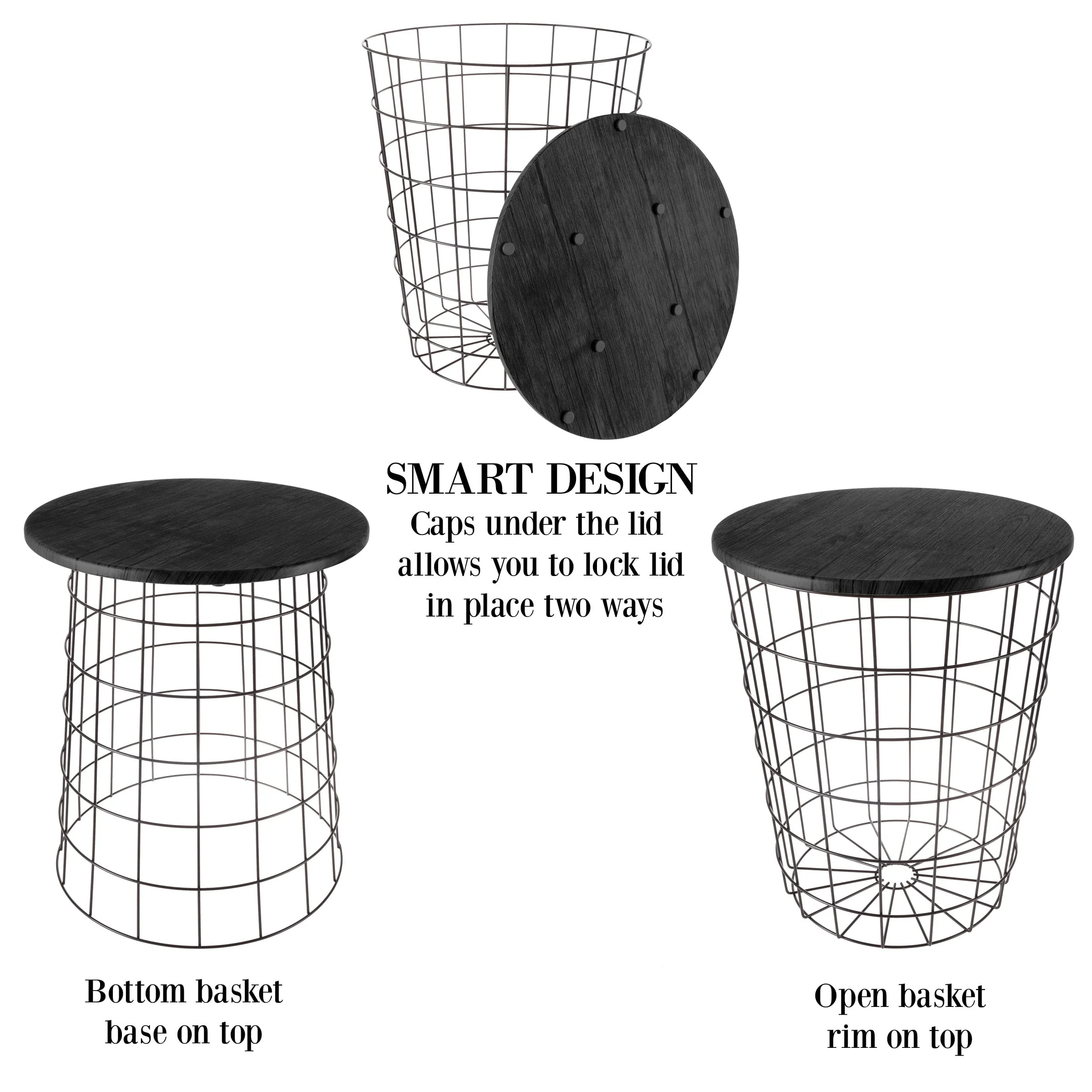 Nesting End Tables with Storage- Set of 2 Round Metal Baskets By Lavish Home (Black)(Black)
