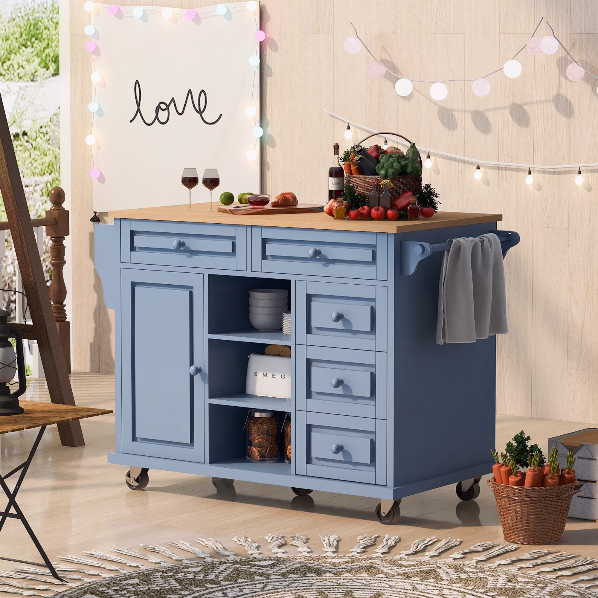 Kitchen Cart with Rubber Wood Desktop Rolling Mobile Kitchen Island with Storage and 5 Draws 53 in Length (Blue)