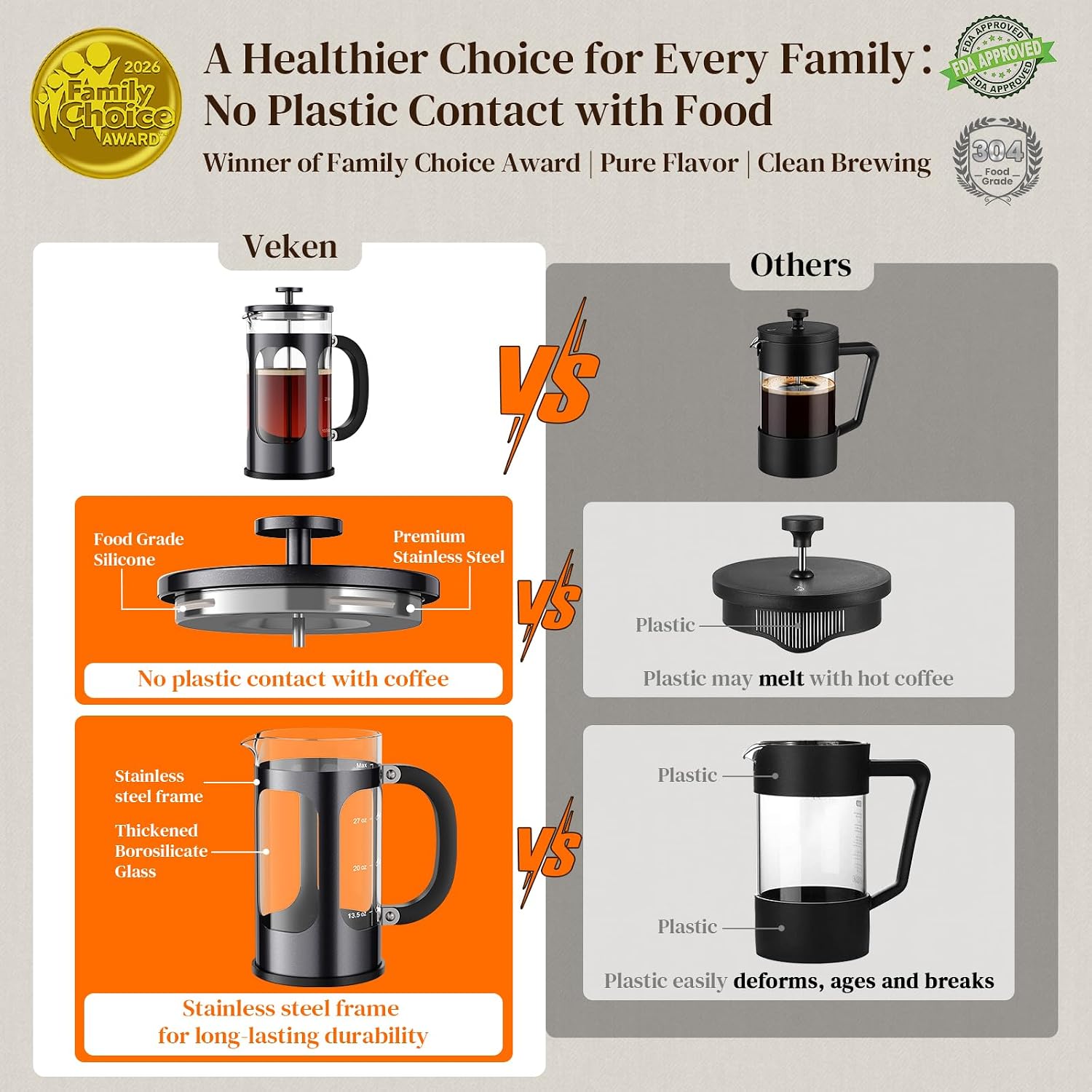 Veken French Press Coffee Maker, No Plastic Touching Cafe, 34oz 1 L Coffee Maker| Thickened Glass Stainless Steel Brewer, Cold Brew Pot for Kitchen, Travel, Camping, Tea, Gifts, Bar Accessories, Decor, Dark Pewter