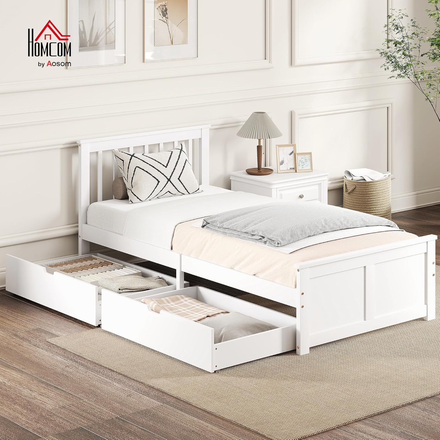 HOMCOM Bett 90 x 200 cm Bettrahmen mit Lattenrost aus Holz, Schublade, Unterbettaufbewahrung, Einzelbett, Holzbett mit Kopfteil, Bettgestell für Schlafzimmer, Gästezimmer, Weiß