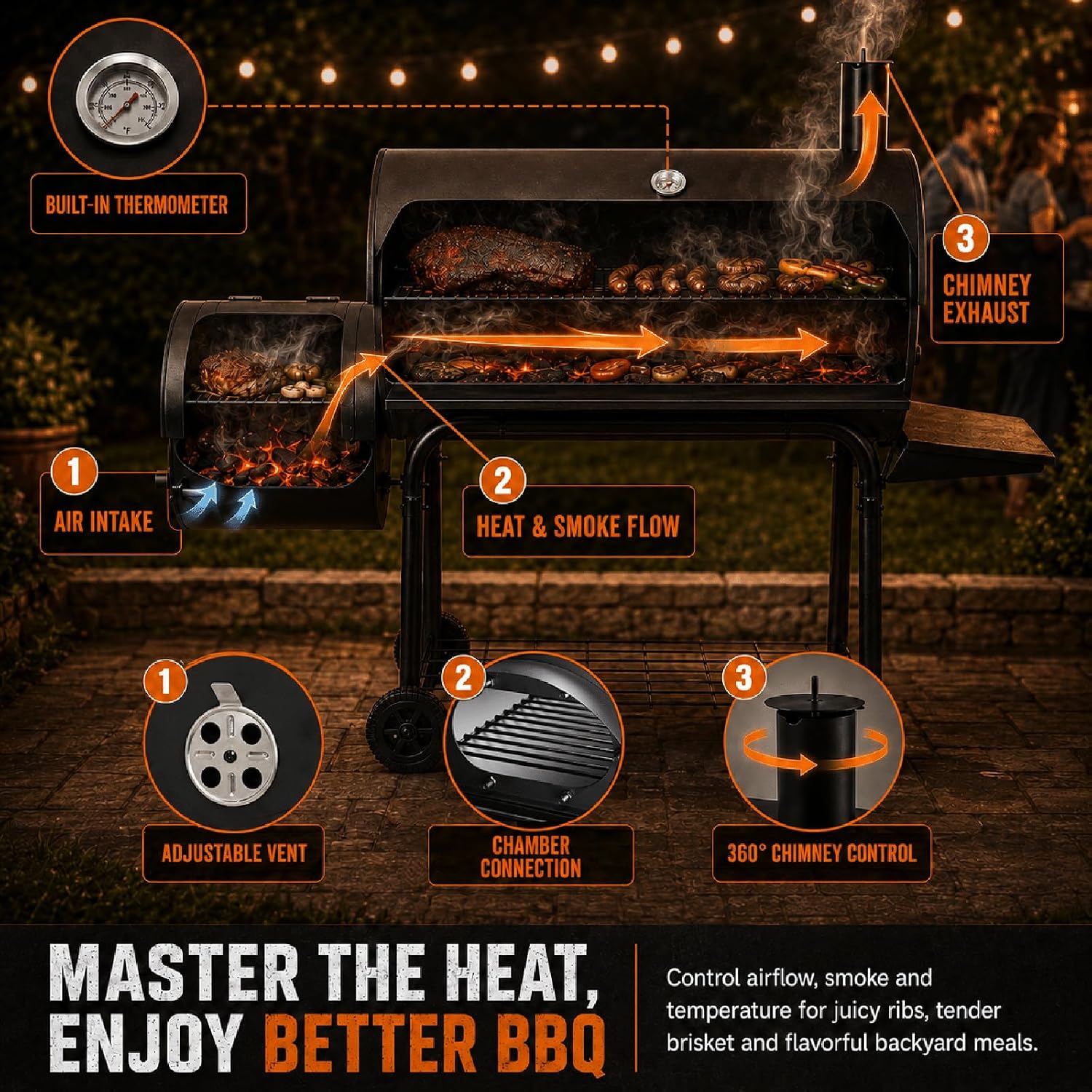 Realcook Charcoal Grill with Offset Smoker: Spacious Barrel Charcoal Grills