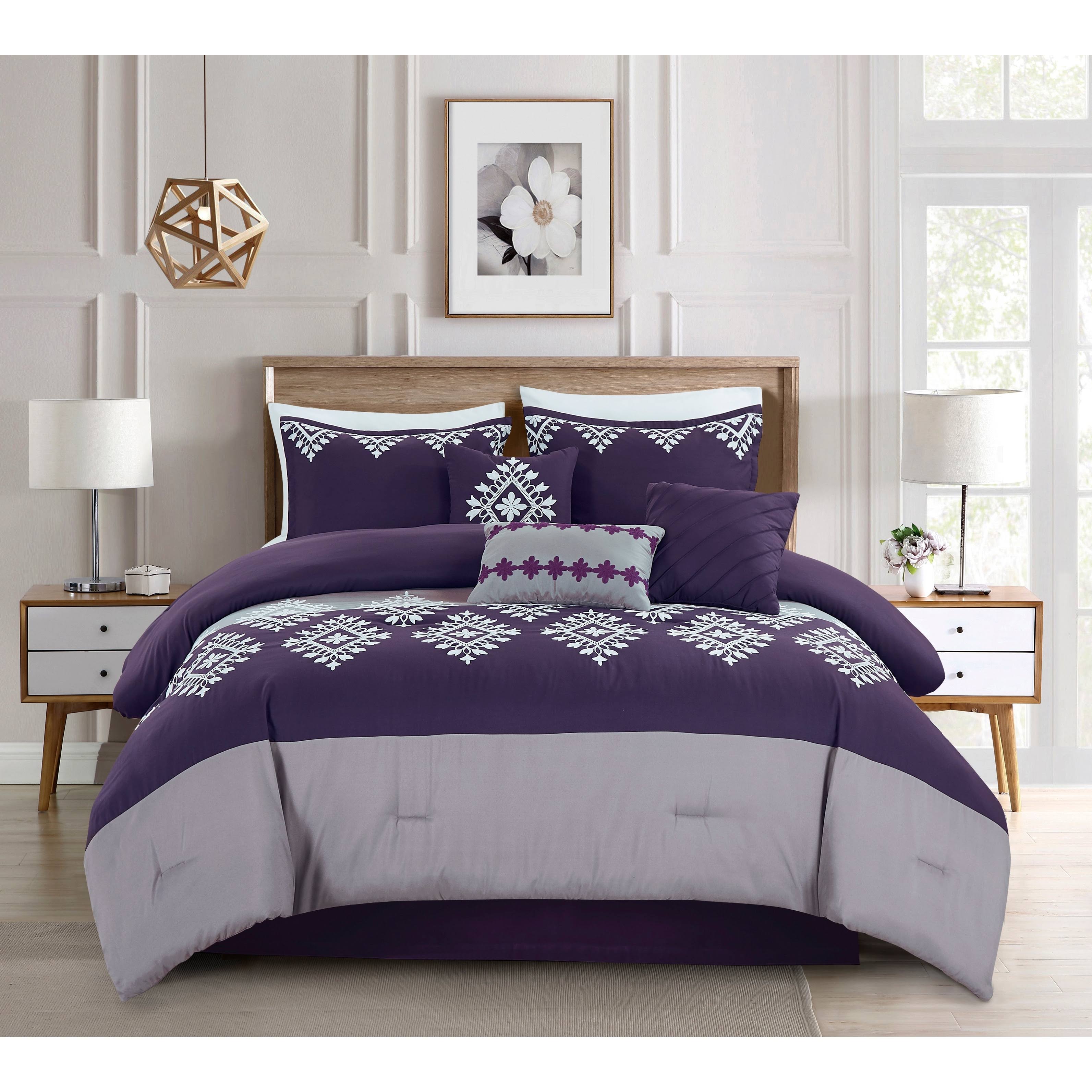 Jml 7 Piece Comforter Set Embroidered Design Bed in A Bag Purple and Grey California King