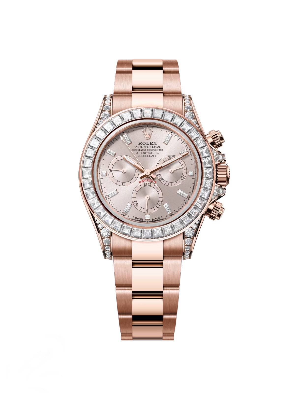 [Super Clone]Rolex Cosmograph Daytona 40mm Rose Gold Diamond Baguette Sundust Dial Diamond Bezel - 126595TBR