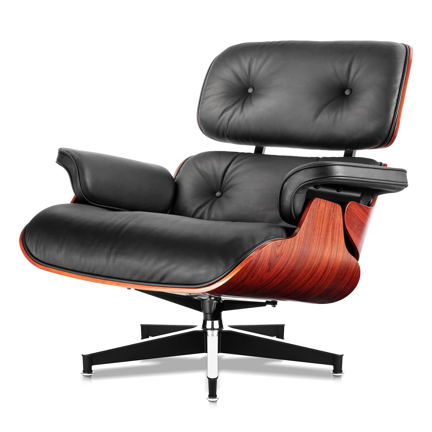 Mid Century Accent Chair and Ottoman Reclining Lounge Chair Upholstered Modern Armchair W/Dark Roséwood Frame, Metal Legs, Black