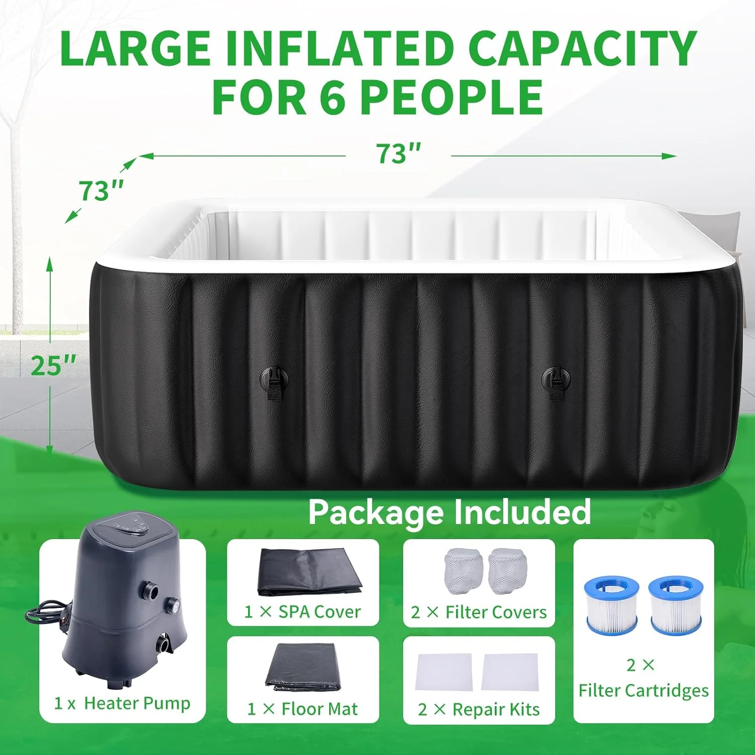 Sunyrisy 4 - 6 Person Inflatable Hot Tub, Square Blow up Portable Hot Tub, Leak - Proof PVC Outdoor Spa with 130 Strong Air Jets, Heater Pump and Insulated Cover, 73 X 73X 25