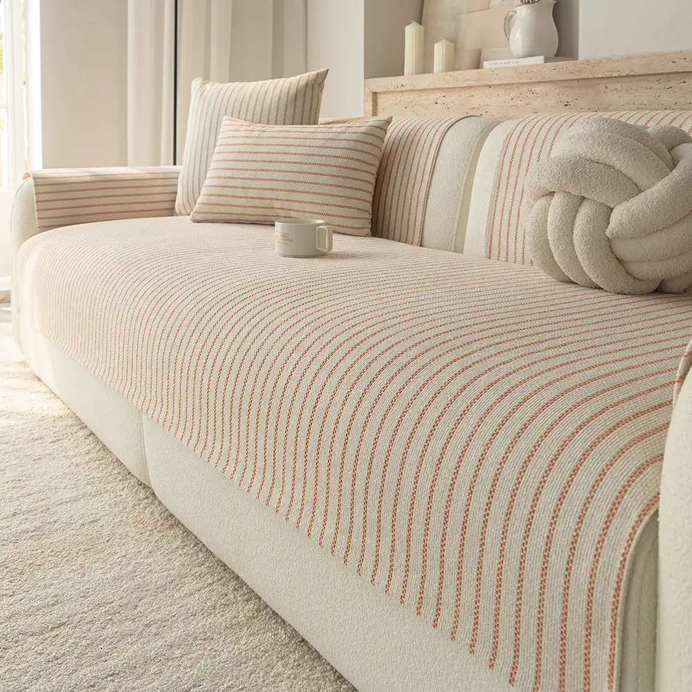 Faux Cotton-Linen Chenille Striped Breathable Scratch-Resistant Couch Cover