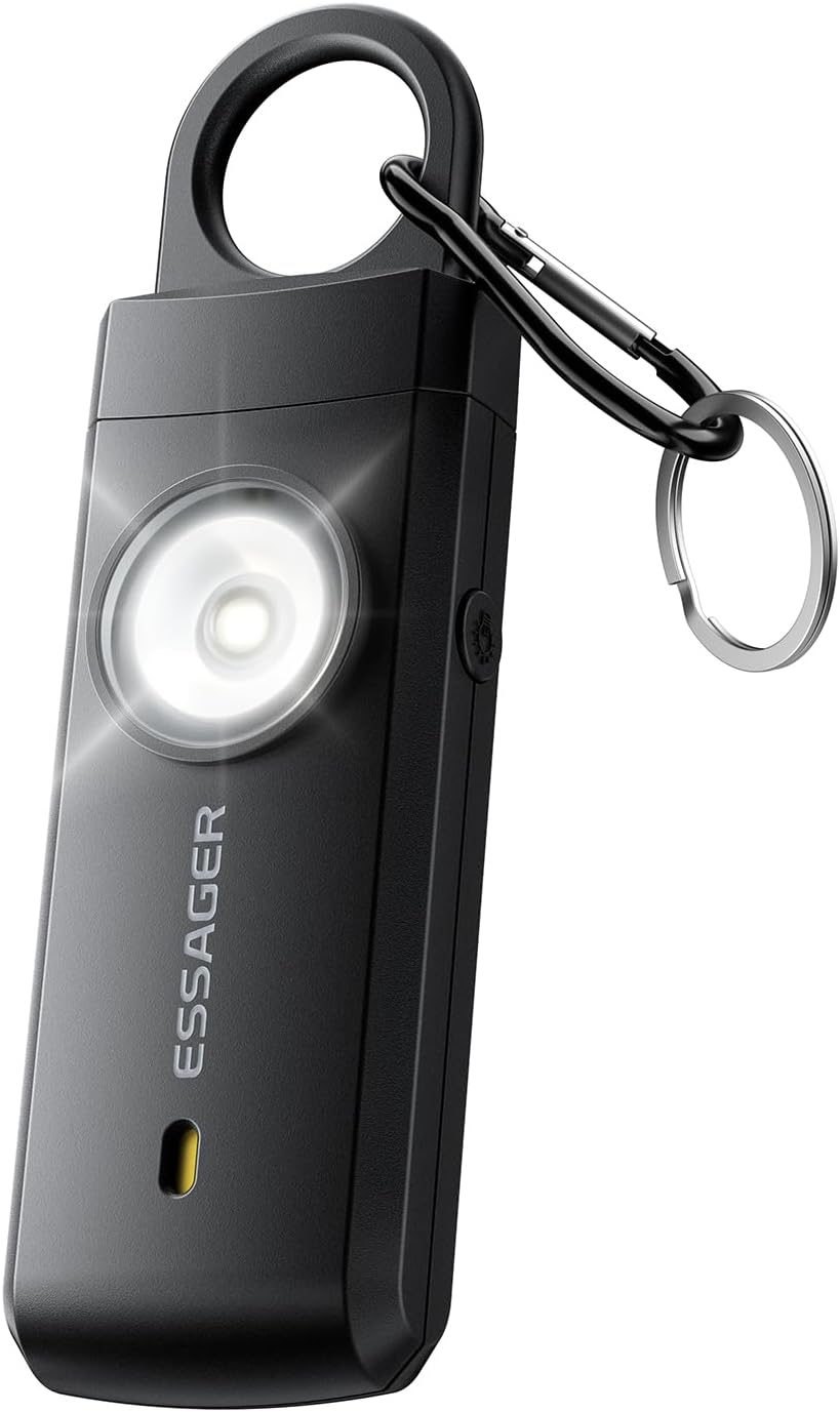 ESSAGER Personal Safety Alarm for Women, 130 dB Self Defense Siren, Rechargeable & Portable with Keychain and Carabiner, Low Battery Notice, LED Strobe Light for Kids, Seniors, College Students(Black)