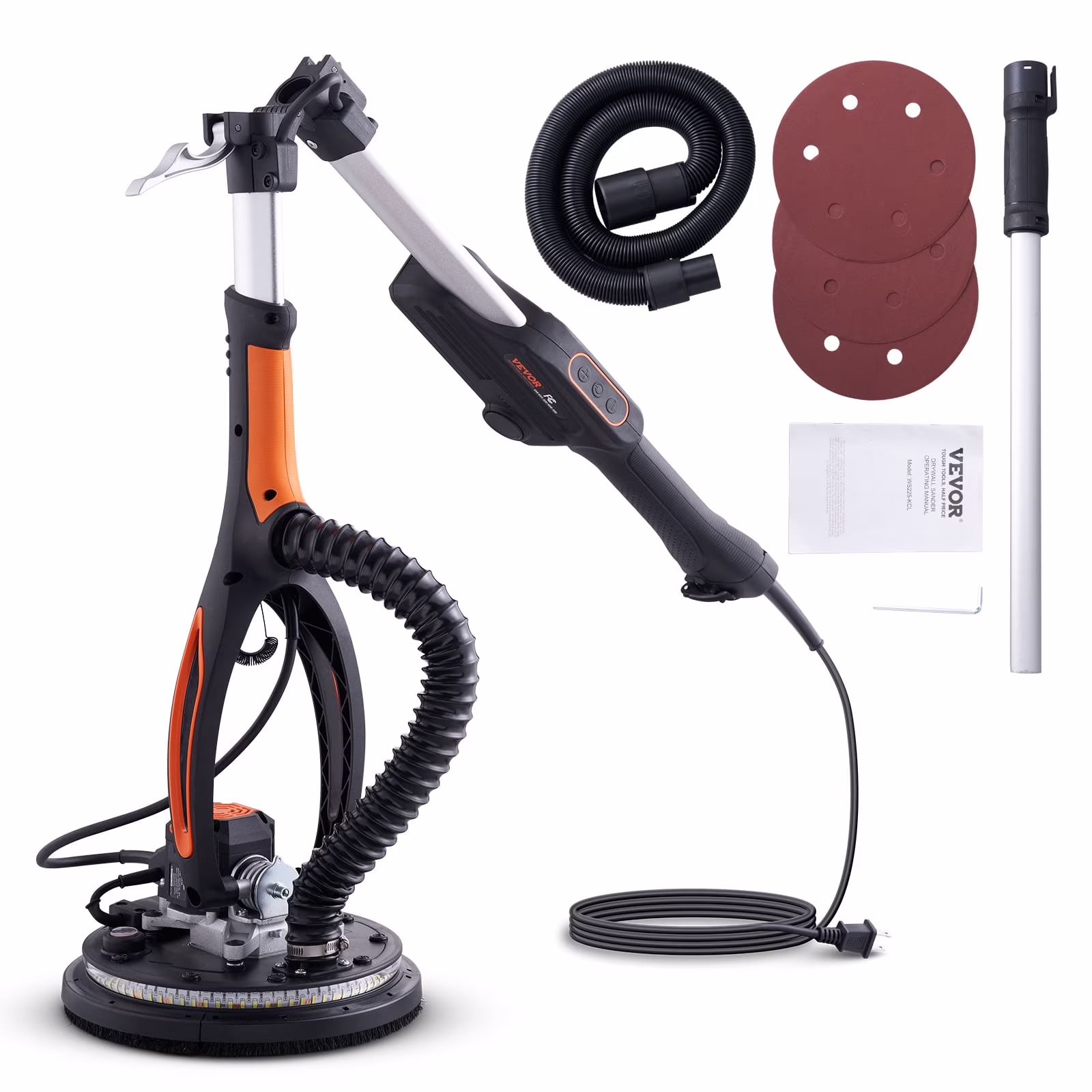 VEVOR Drywall Sander, 800W Brushless Motor Electric Sander, Variable Speed 1000-2300 RPM Wall Sander, Foldable Ceiling Sander with Double-Deck LED Lights, Extendable Handle, 12 Sanding Discs