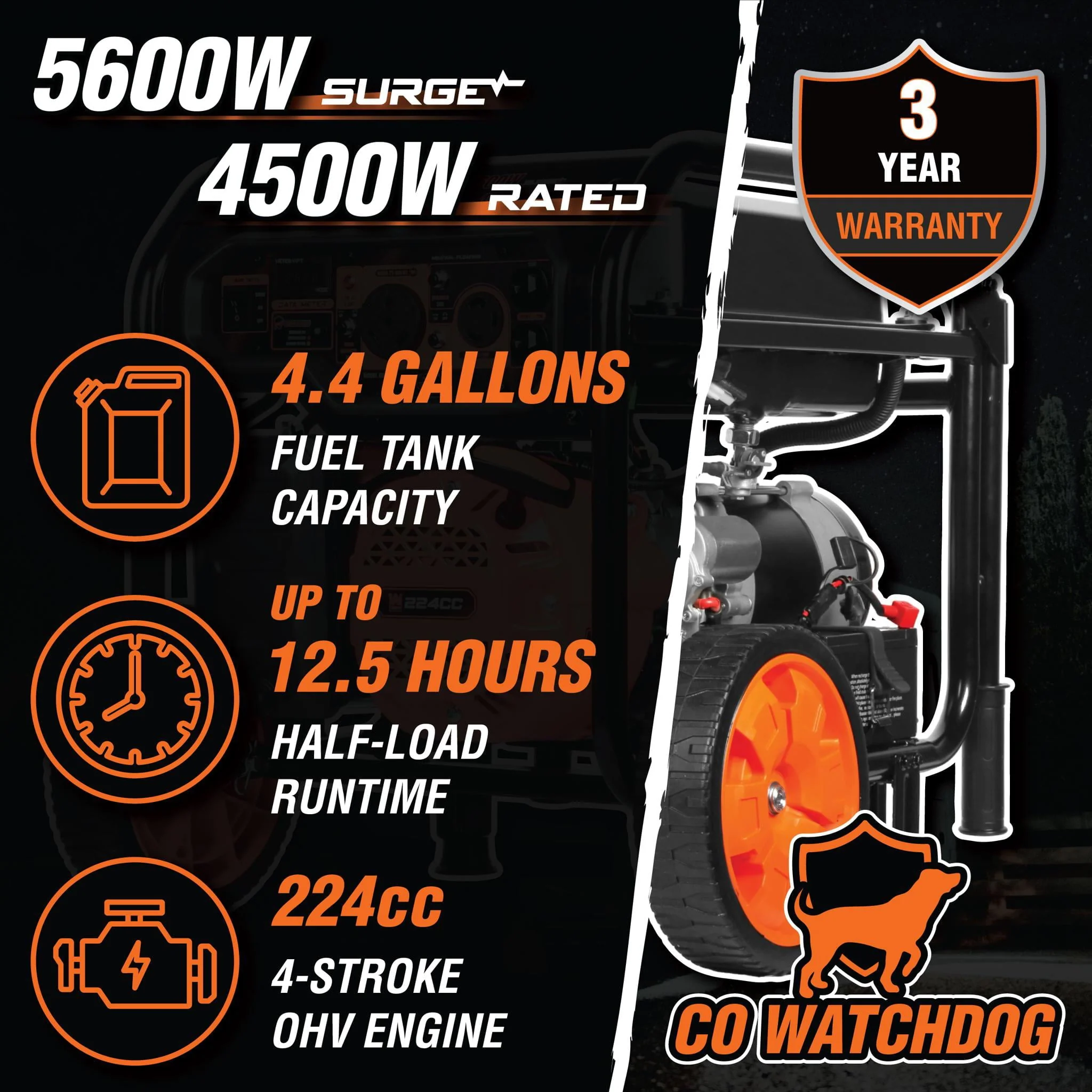 WEN 5600 - Watt Portable Generator, Electric Start, 224cc, Transfer - Switch and RV - Ready with CO Shutdown Sensor
