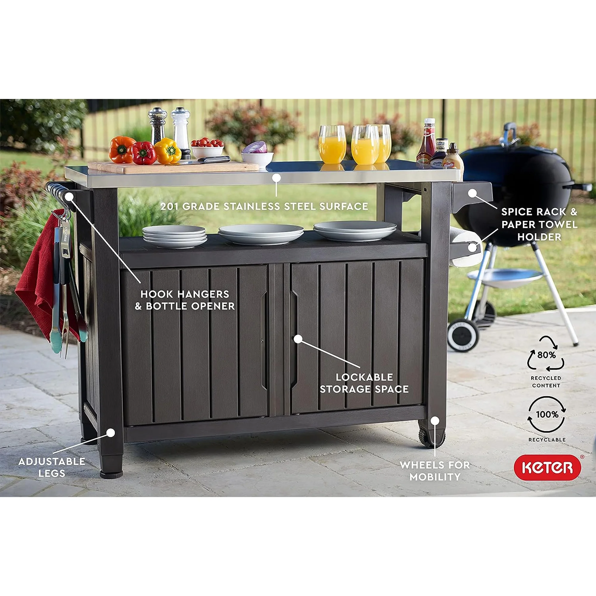 Unity XL Outdoor Durable Kitchen Rolling Bar Cart with Storage Cabinet, Brown - Image 4