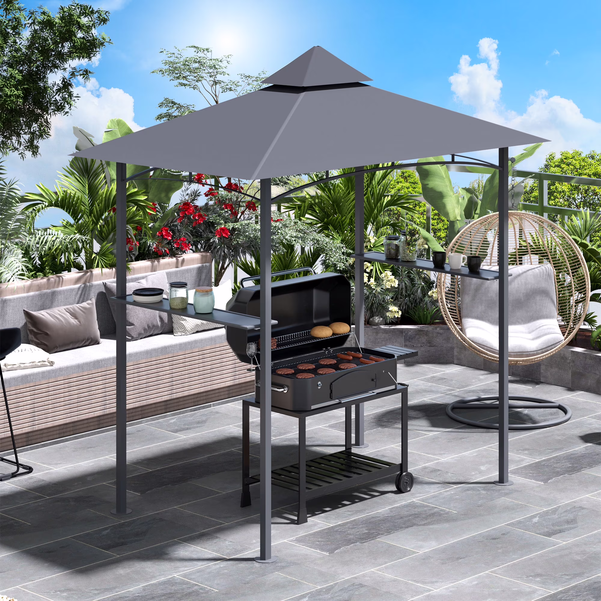 Outsunny 8' x 5' Grill Gazebo with Double Roof, Outdoor BBQ Gazebo Canopy with 2 Side Shelves for Patio Yard Garden, Gray