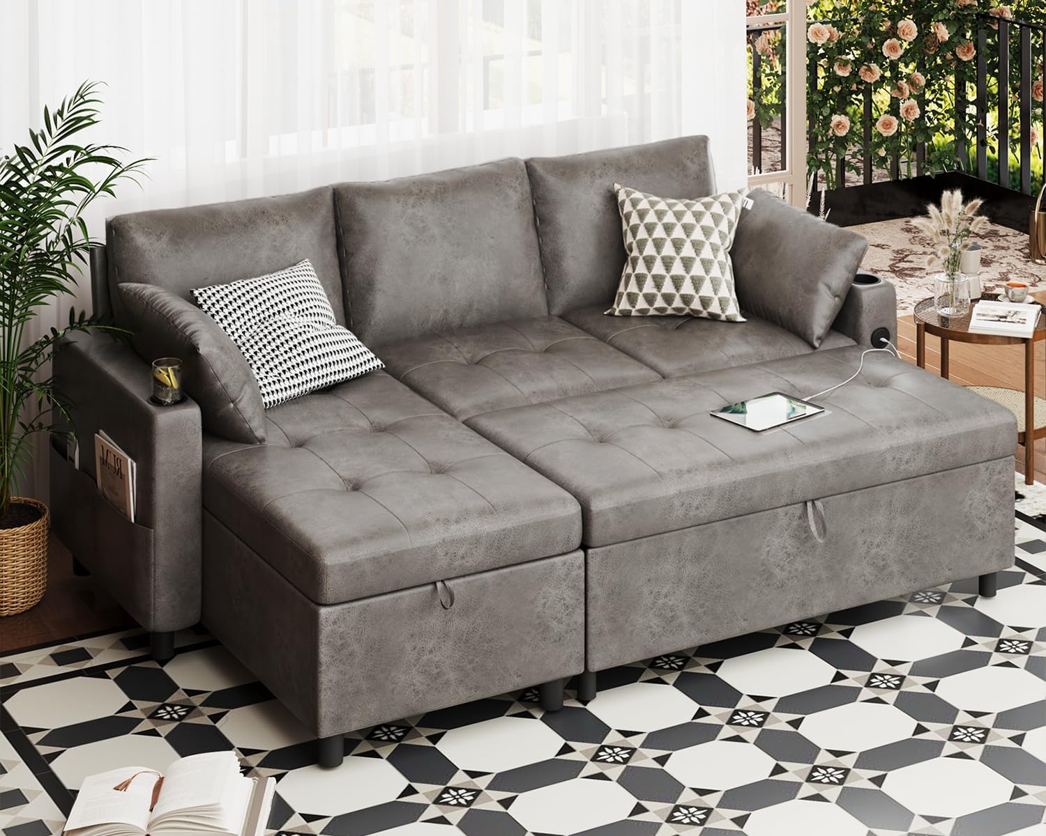 AECOJOY Sleeper Sofa Couch with Pullout Bed, Faux Leather, Gray