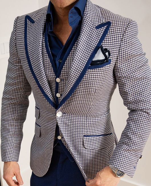 Blazer d'affaires à motif pied-de-poule, bordure contrastée, col à revers et poches