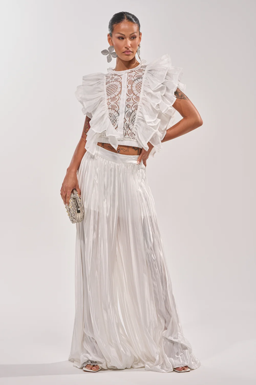 CALLED OUT SATIN PLEATED PALAZZO PANT IN WHITE - Akira Store