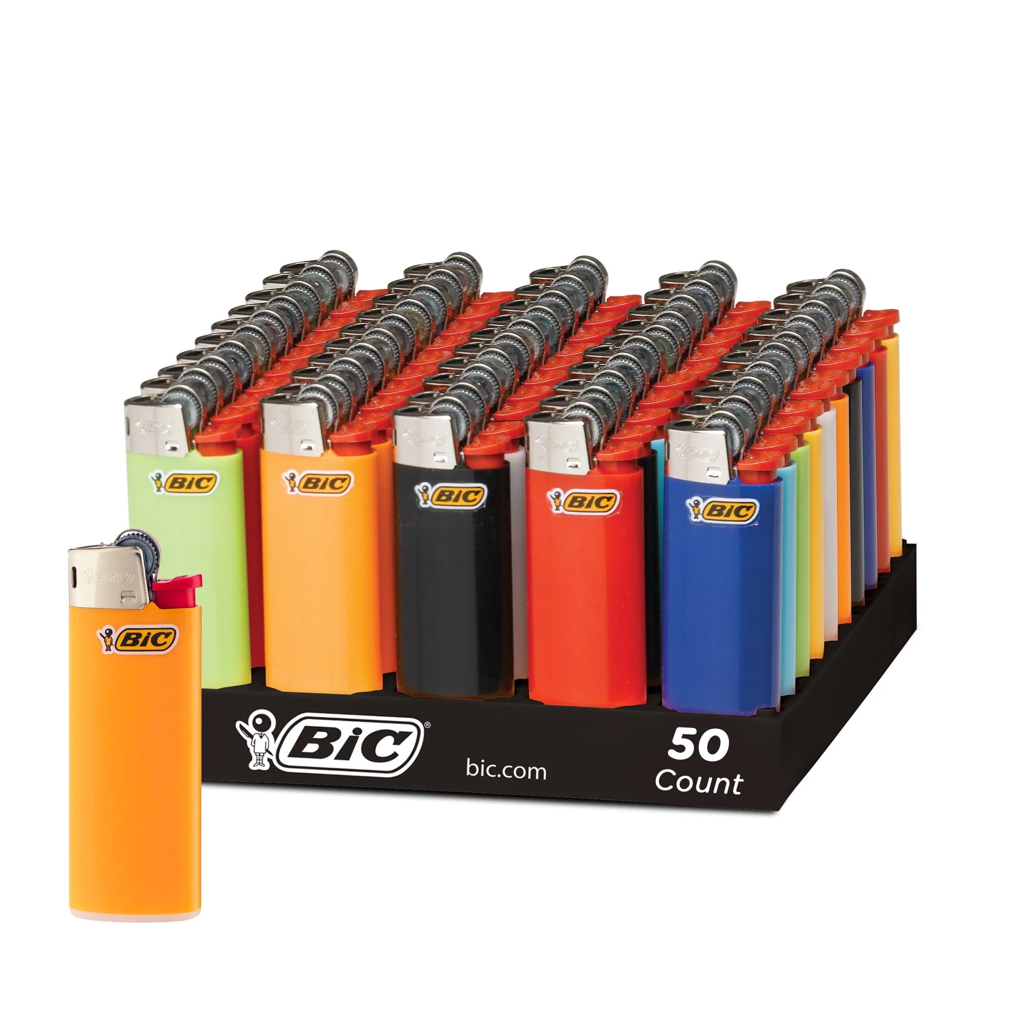 BIC Mini Lighter, Classic Collection, Assorted Black, White, Red, Orange, Green, Yellow, Light Blue and Dark Blue Unique Lighter Colors, 50 Count Tray of Lighters