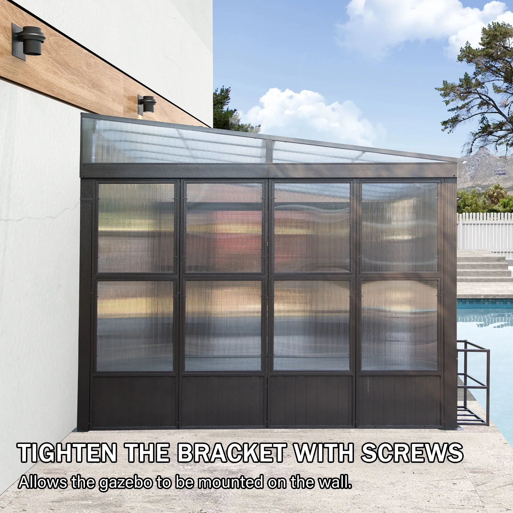 Domi Outdoor Living 10' x 12' Hardtop Lean-to Gazebo, Wall-Mounted with Galvanized Steel Roof Wall Pergola with Aluminum Frame, Curtains and Netting, for Patio, Deck, Garden, Backyard