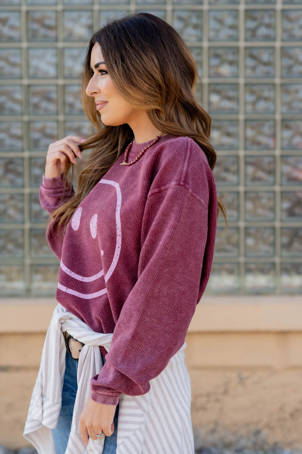 Vintage Smiley Face Ribbed Graphic Crewneck
