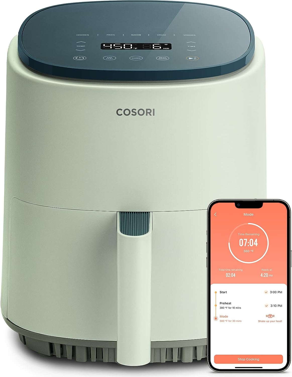 Friteuse à air COSORI 4 L, 7 modes de cuisson, plus de 150 recettes sur application gratuite, 97 % de matières grasses en moins, compatible lave-vaisselle, conçue pour 1 à 3 personnes, vert sauge