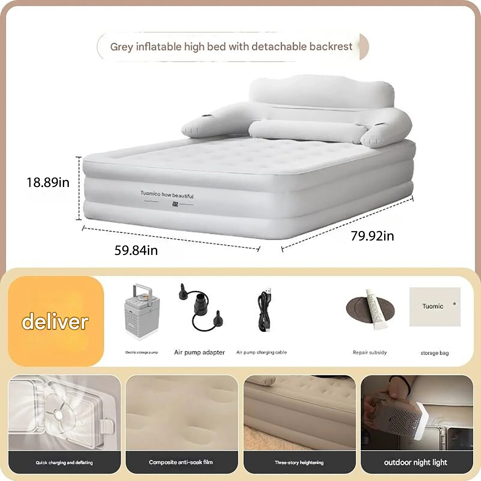 Air Mattress Queen with Built-in Pump and Headboard��Inflatable Portable Mattress for Home, Camping Guests,Gray.(Gray) - Image 6