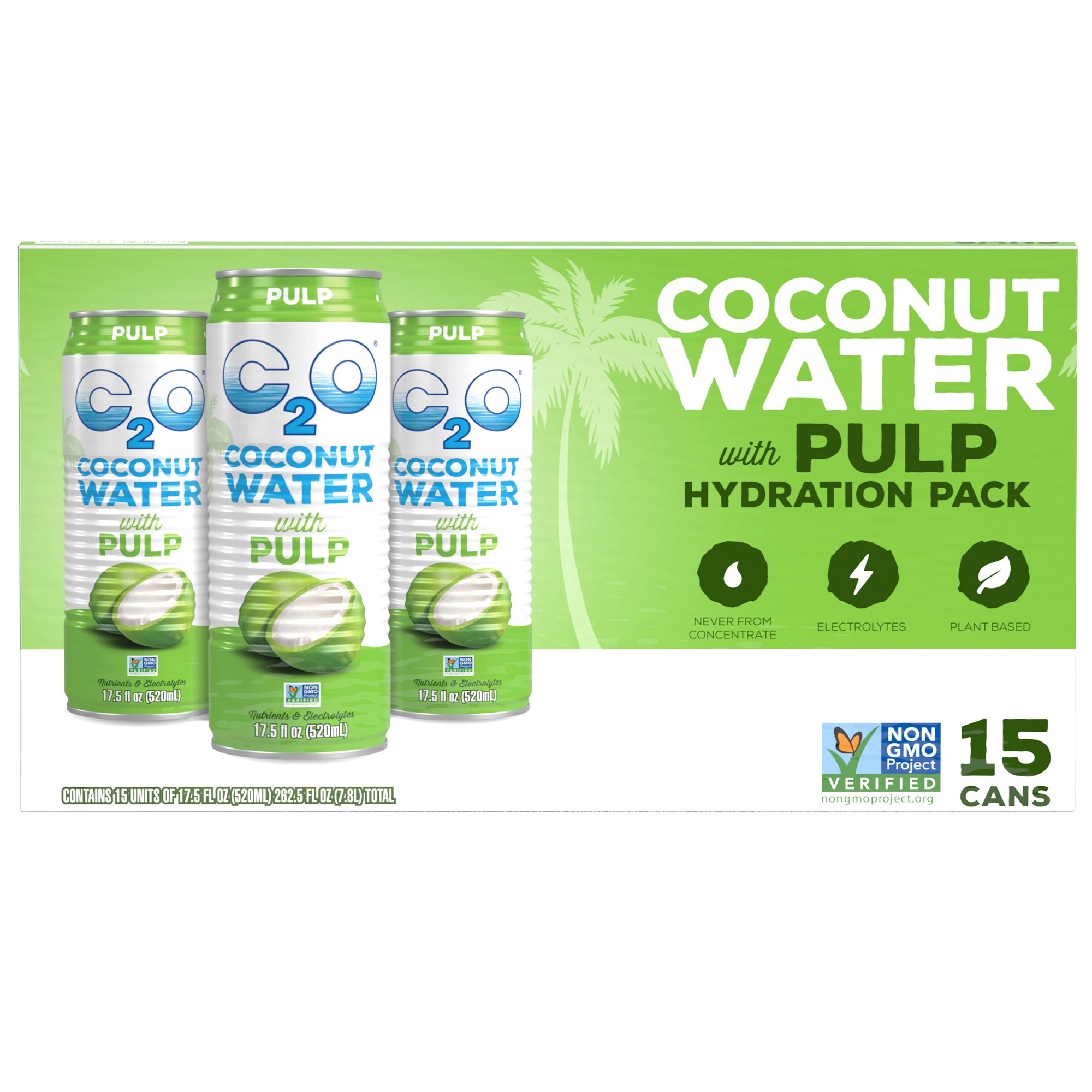 C2O Coconut Water Hydration Pack with Pulp, Original, 17.5 Fl Oz, 15 - Count