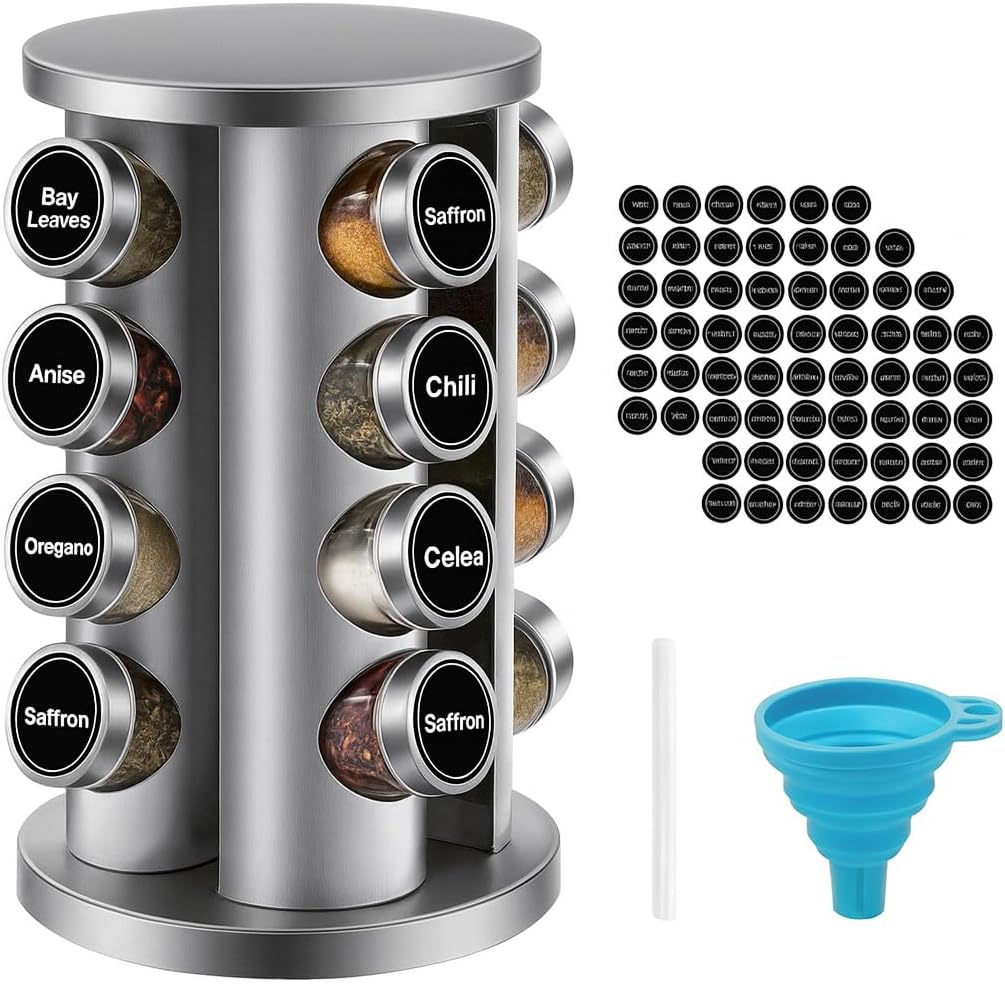360° Rotating Spice Rack with 16 Glass Jars – Stainless Steel Countertop Seasoning Organizer with Airtight Lids, Labels, Funnel & Gift Box – Kitchen Storage for Herbs & Spices