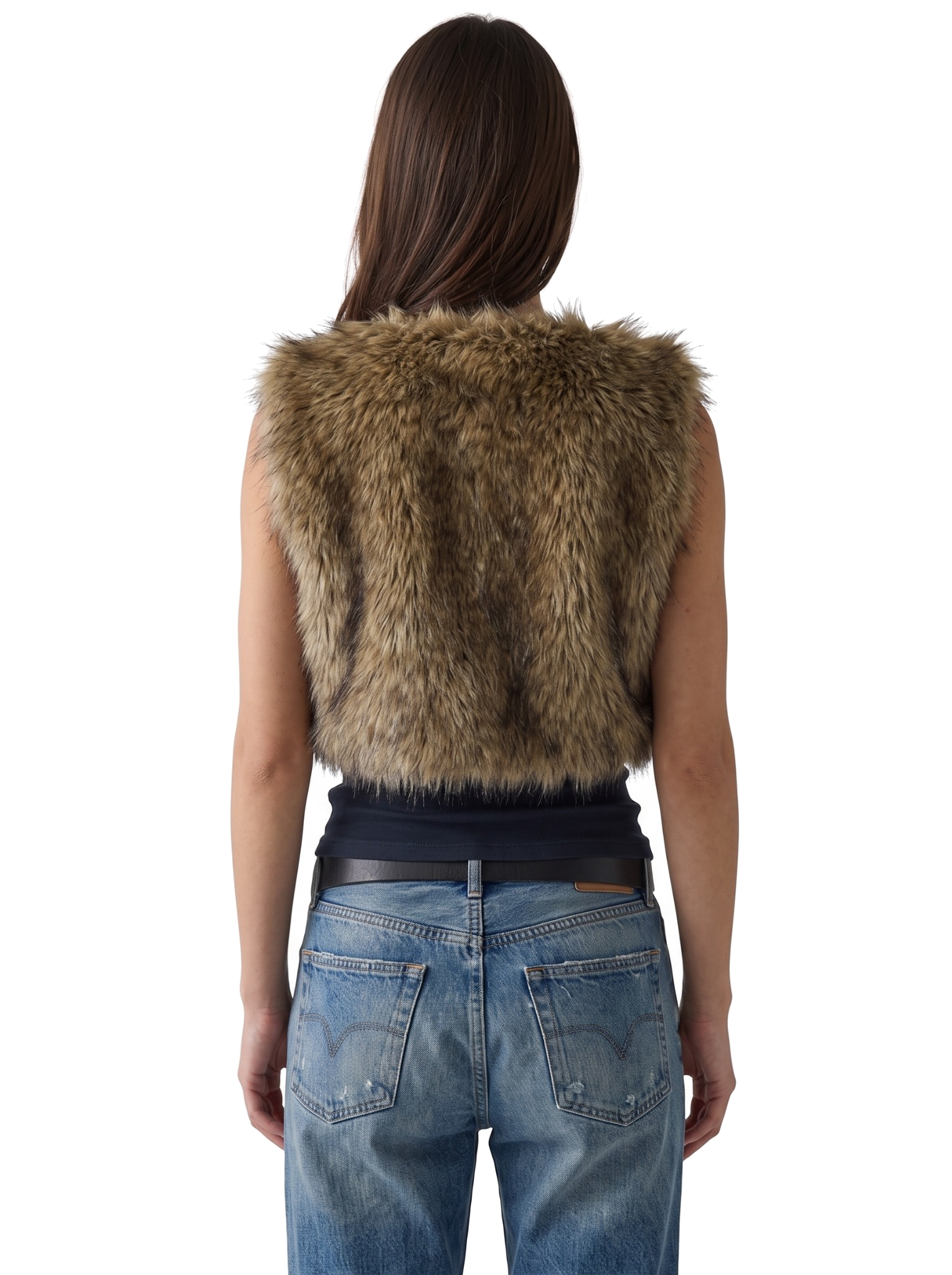 Back view of a woman wearing a brown faux fur vest over a black top