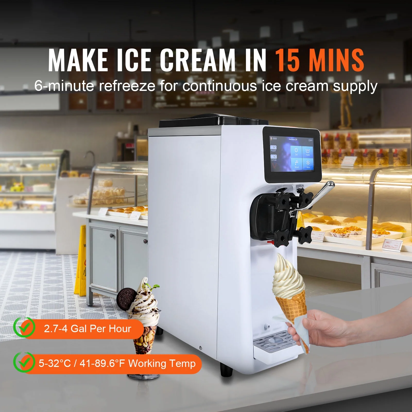 Commercial Ice Cream Machine 2.7-4gal/10-15L/H 4L Hopper Single Flavor Countertop Soft Serve Ice Cream Maker Auto Clean Pre-Cooling - Image 3