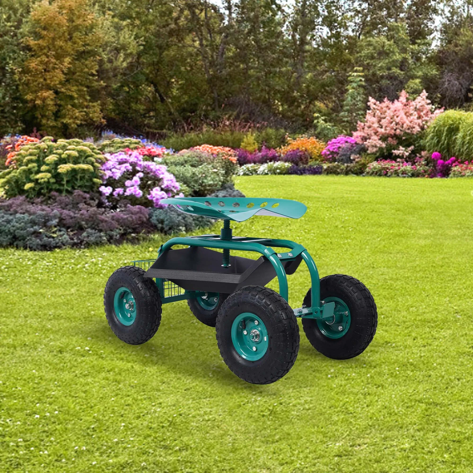Aukfa Rolling Garden Cart Scooter with Swivel Seat, Wheels, and Tool Tray - Red