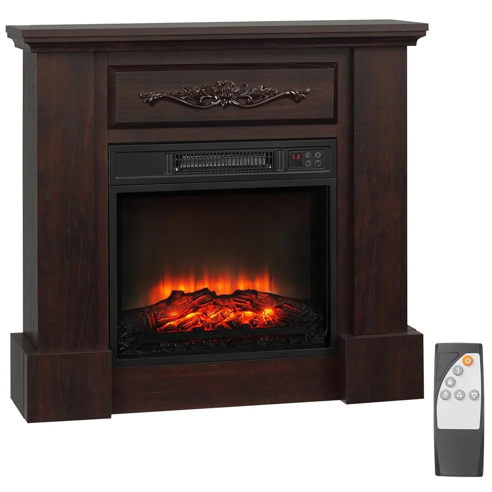 HOMCOM 32" Electric Fireplace with Mantel, Freestanding Heater with LED Log Flame, Overheat Protection and Remote Control, 1400W, Brown
