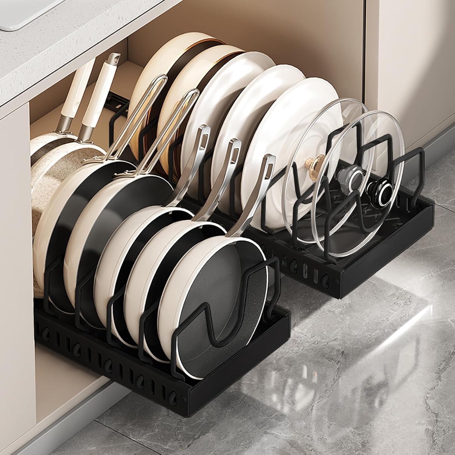 AmoiChic 2 Pack Pull Out Cabinet Organizer for Pots and Pans, Black Storage Rack with 8 Adjustable Dividers, Kitchen Cabinet Organizer for Pot Lids, Bakeware, Dish Storage